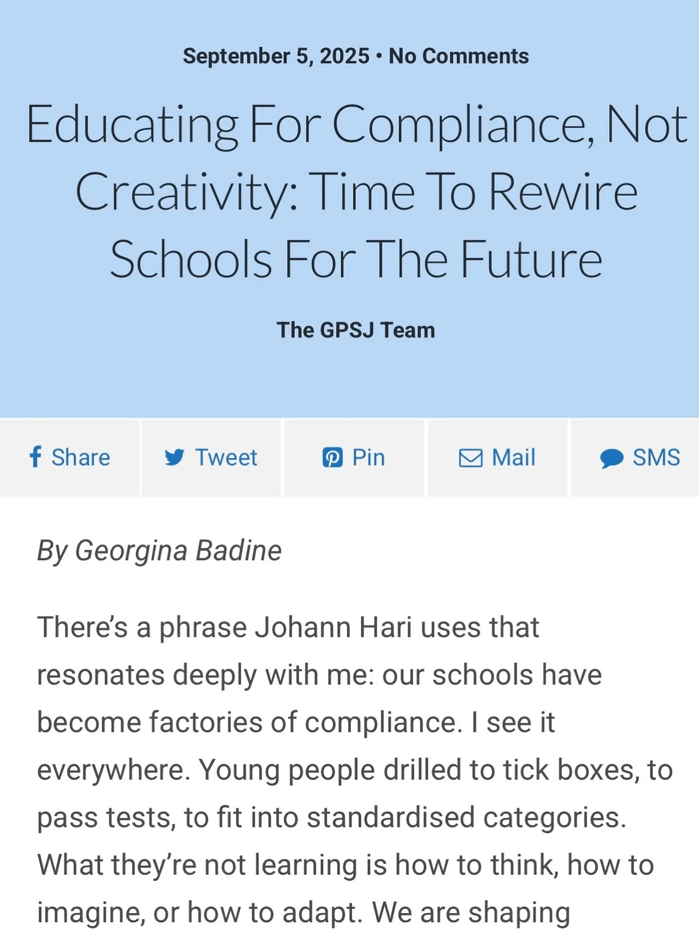 Exciting news ✨
My article &ldquo;Educating for Compliance, Not Creativity&rdquo; has just been featured in the Government &amp; Public Sector Journal 📚

Right now, schools are still training young people to tick boxes ✅ &hellip; when the future nee