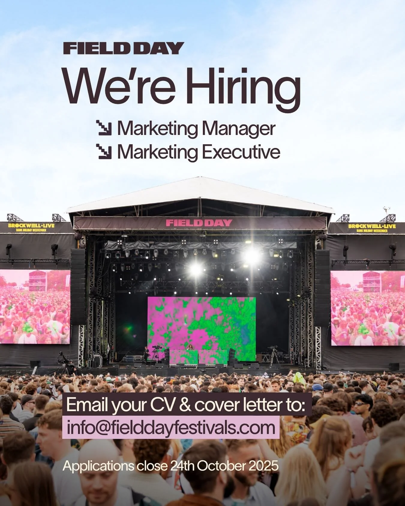 Love festivals? Got a mind for marketing? ↘️

We&rsquo;re looking for a Marketing Manager and Marketing Executive to take Field Day even further.

Join the team behind one of the UK&rsquo;s leading electronic music festivals. 

🔗 Find out more infor