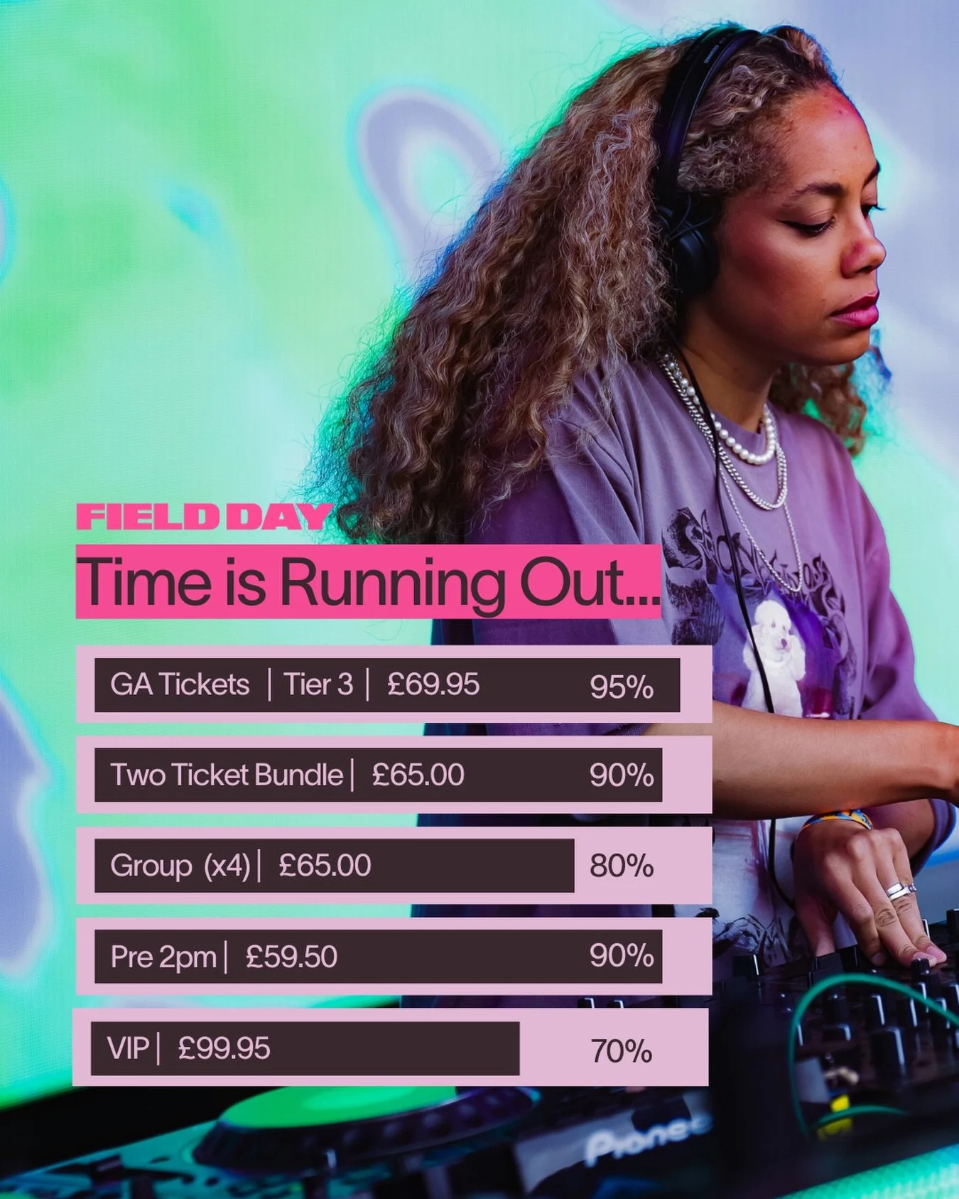 ⚠️ Time is running out to secure the following ticket types:

GA Tier 3
Two Ticket Bundles
Pre 2pm

This your last chance to bag a Field Day ticket at our cheapest price.

Sort out your May bank holiday plans today. Link in bio.