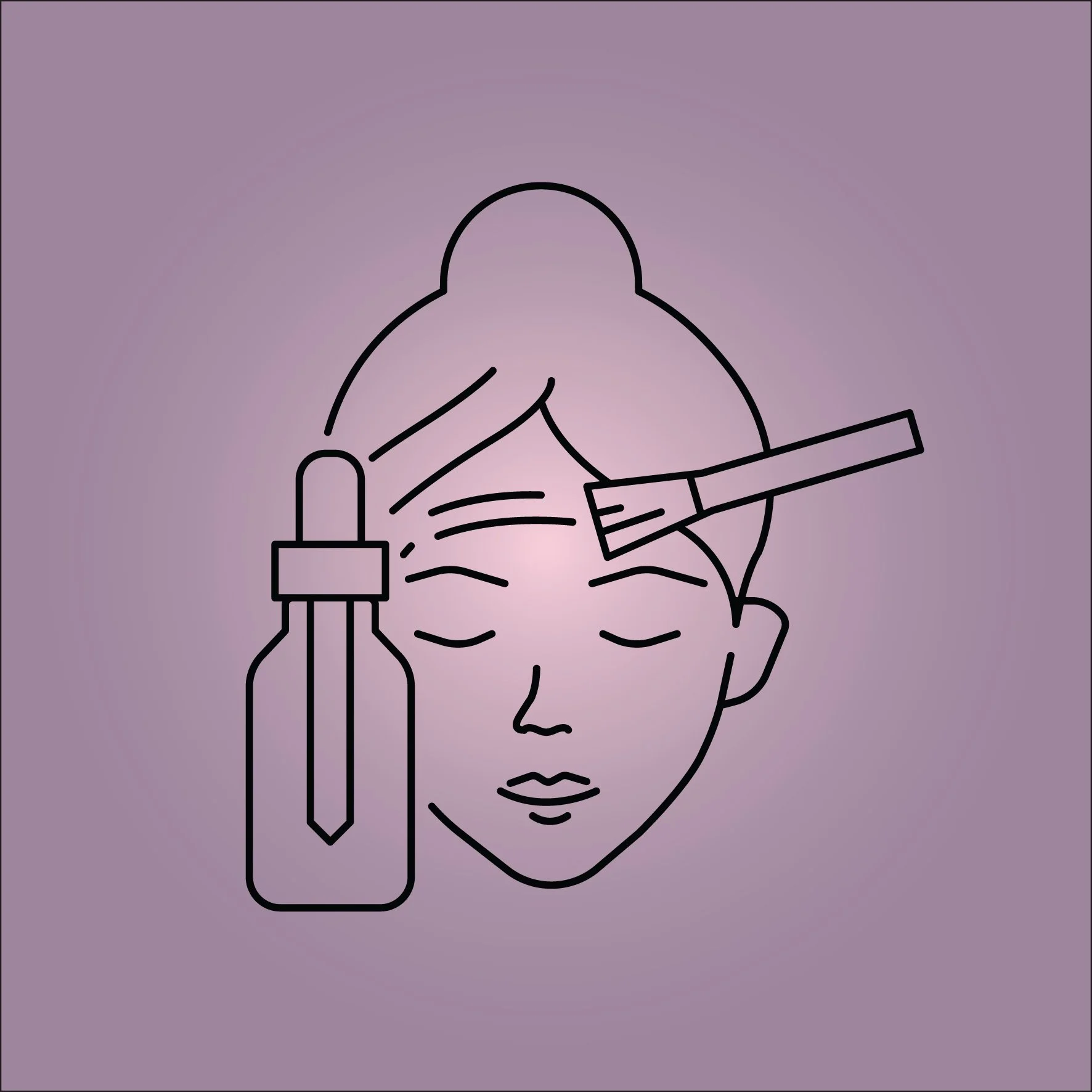 Illustration of a woman receiving a facial treatment with a brush and a dropper bottle, set on a purple background.