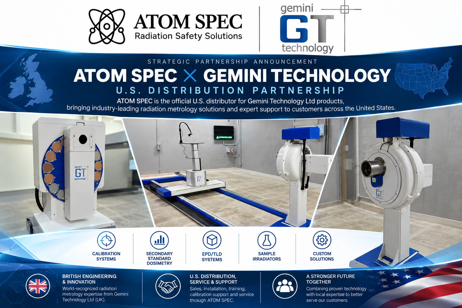ATOM SPEC and Gemini Technology Ltd U.S. distribution partnership featuring radiation calibration equipment, secondary standard dosimetry systems, EPD/TLD irradiation systems, sample irradiators, and custom radiation metrology solutions.