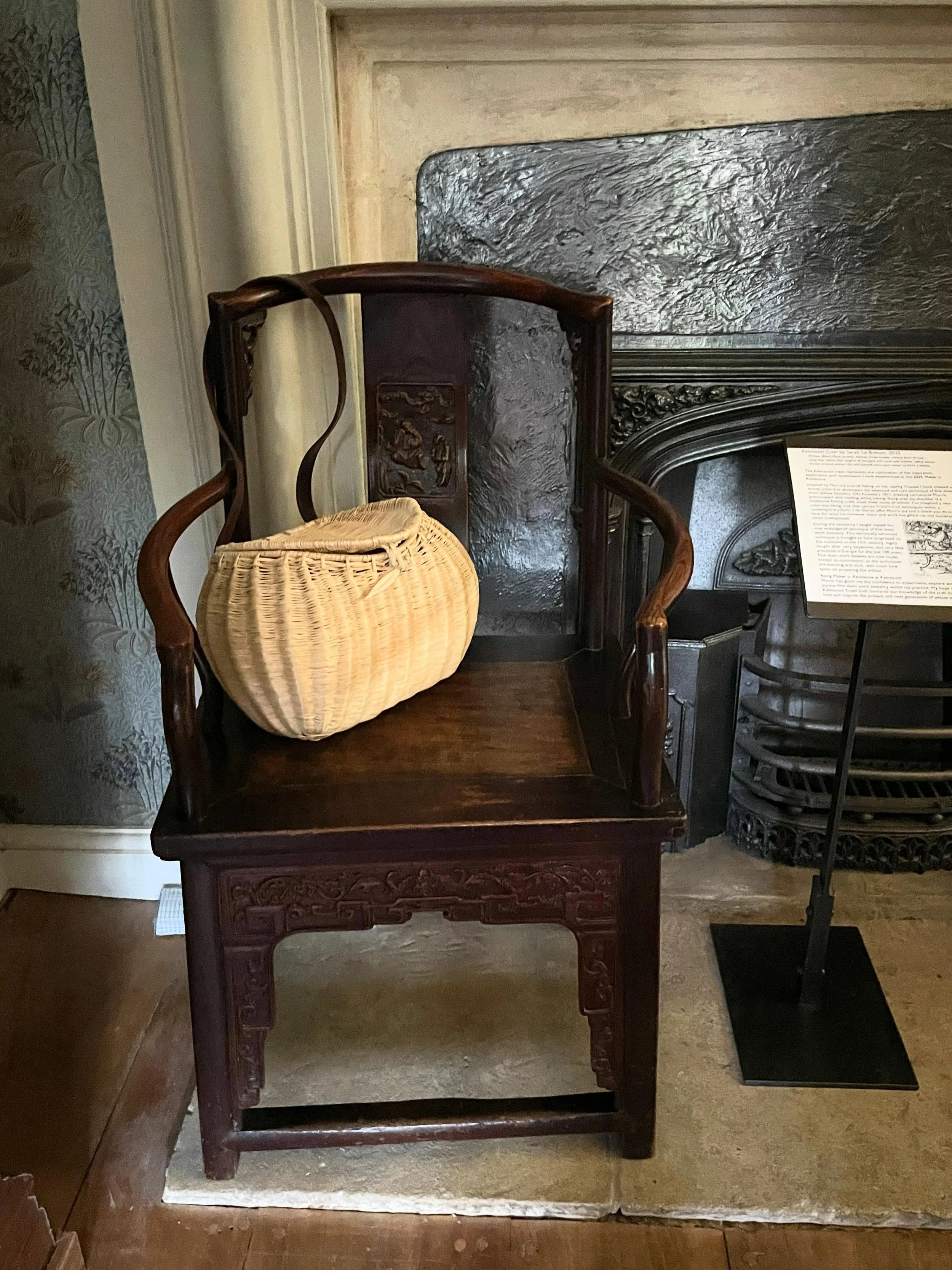 My Kelmscott Creel on William Morris&rsquo;s chair at Kelmscott Manor. 

Until mid June, when you visit the manor you will be able to see the basketry piece that I created in response to my time as Maker in Residence 2025. 

William Morris loved fish