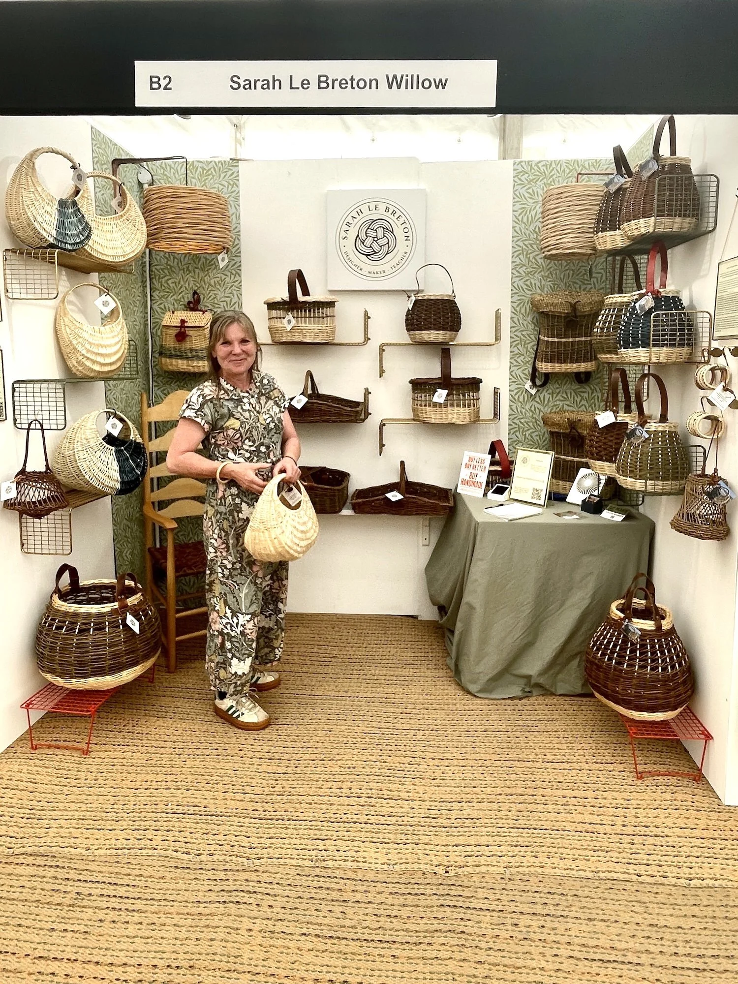 Sarah Le Breton at Craft Festival June 2026 with her willow baskets, backpacks, lighting features and wholw willow chair