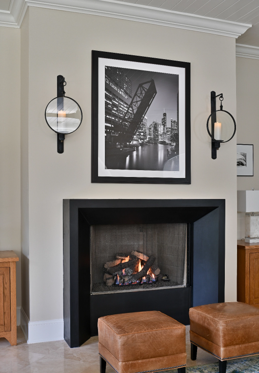 Modern, moody fireplace in South Carolina custom home