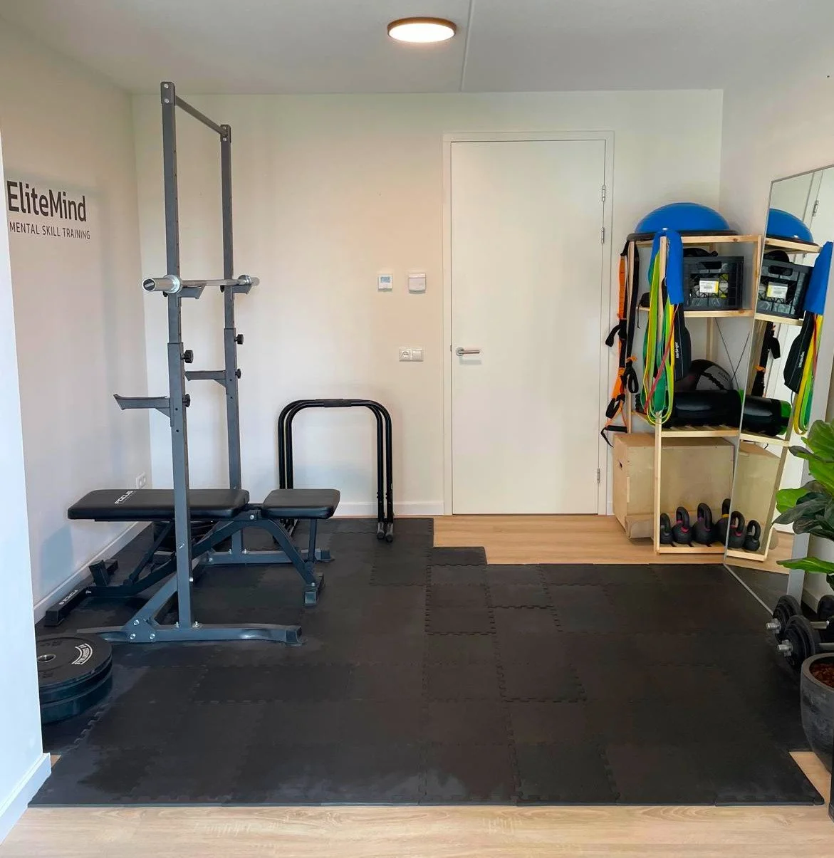Fitnessruimte met trainingsapparatuur, gewichten, medicijnballen en fitnessaccessoires.