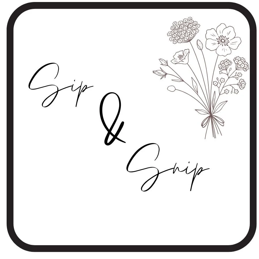 Simple black and white graphic with the words "Sip & Snip" in stylish cursive font and a drawing of a bouquet of flowers in the upper right corner, all inside a rounded square with a black border.