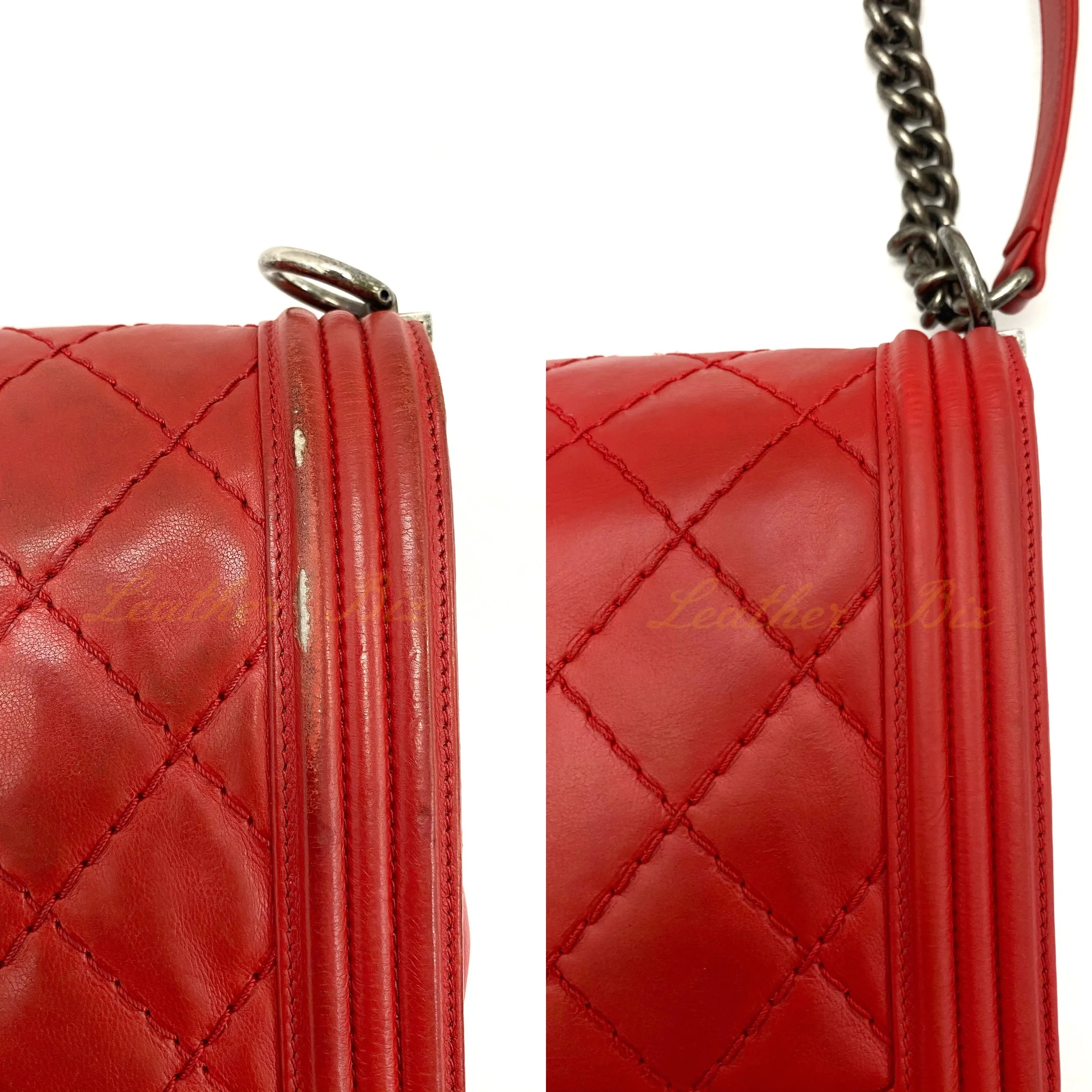 Hole, color and scuff restoration of a Chanel Boy in red lambskin 