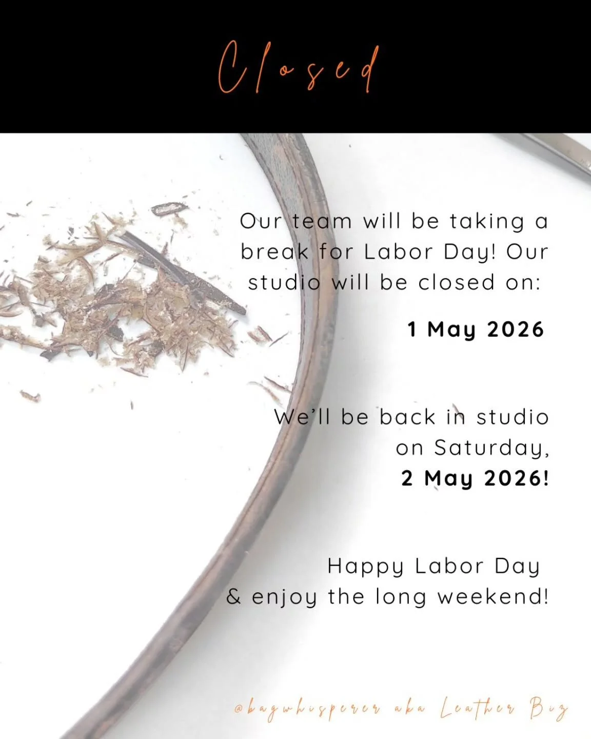 Restoration on bags is a labor of love!

Our team will be taking a day to recharge this Friday, May 1st (Labour Day). We'll be back at our studio workbench on Saturday when we reopen.

Looking forward to seeing you (and your bags &amp; shoes) at Plaz