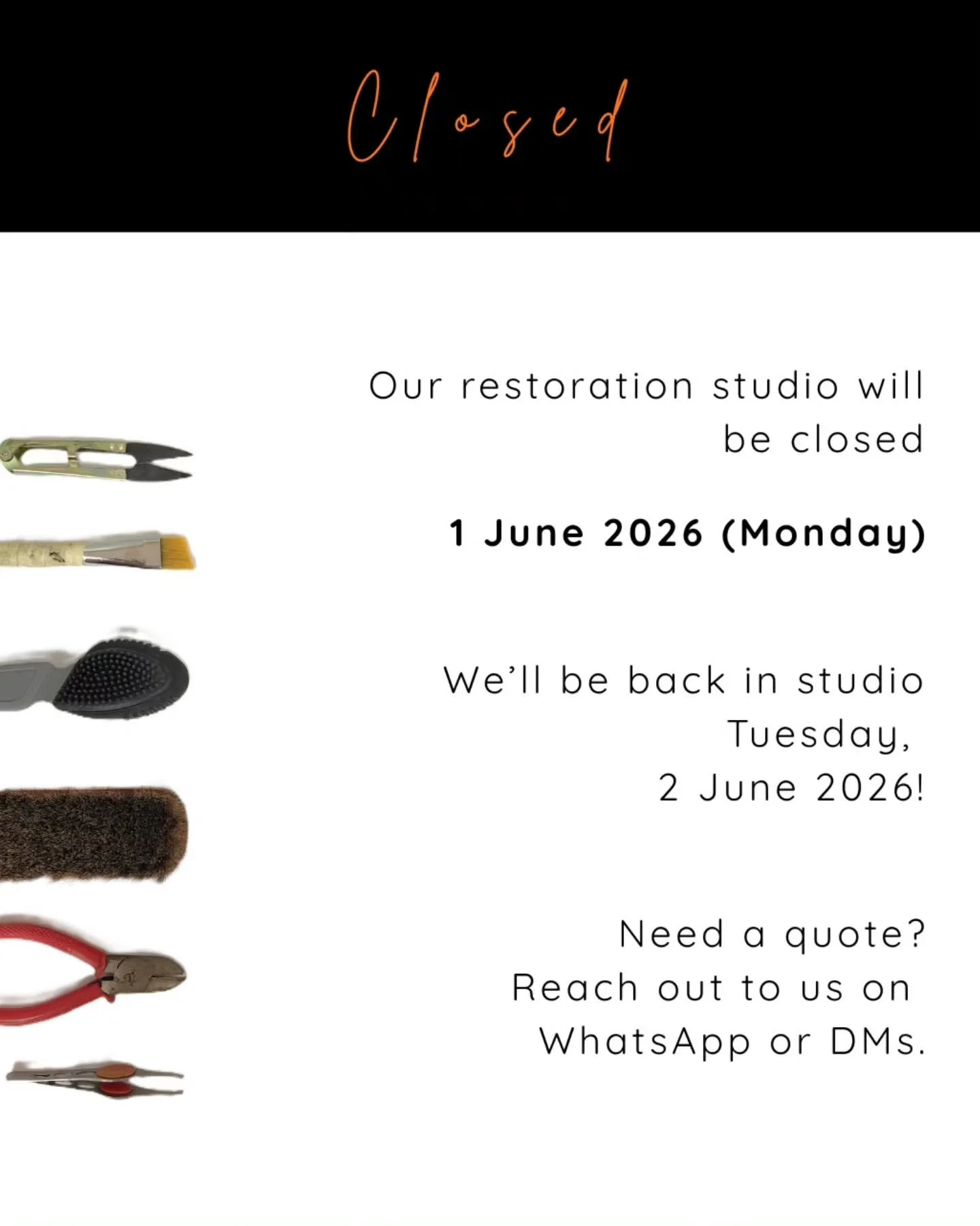 In conjunction with the public holiday, our restoration studio will be closed for the day. 

We'll be back at the workbench restoring your pieces (handbags &amp; more) on Tuesday. 

Happy holidays &amp; see you soon! 🧡

📍Plaza Damas, Sri Hartamas

