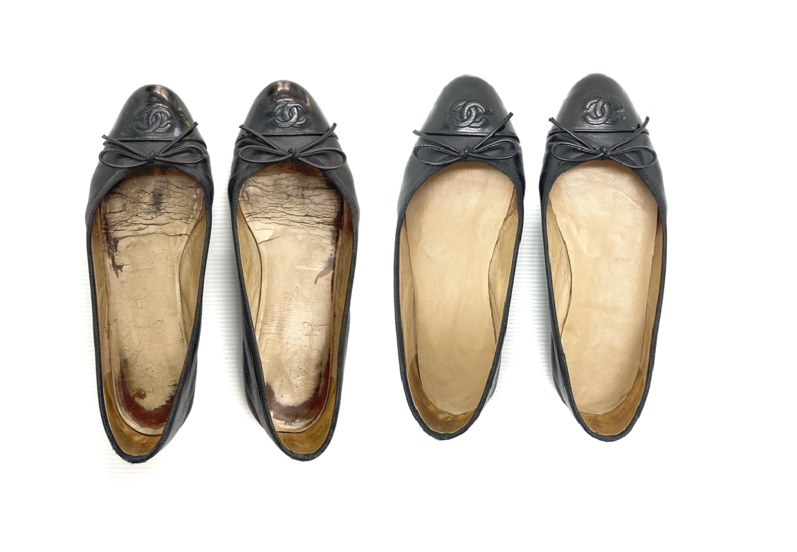 Before (left) and after (right) leather restoration of a Chanel Ballet Flats by our professional restoration team.