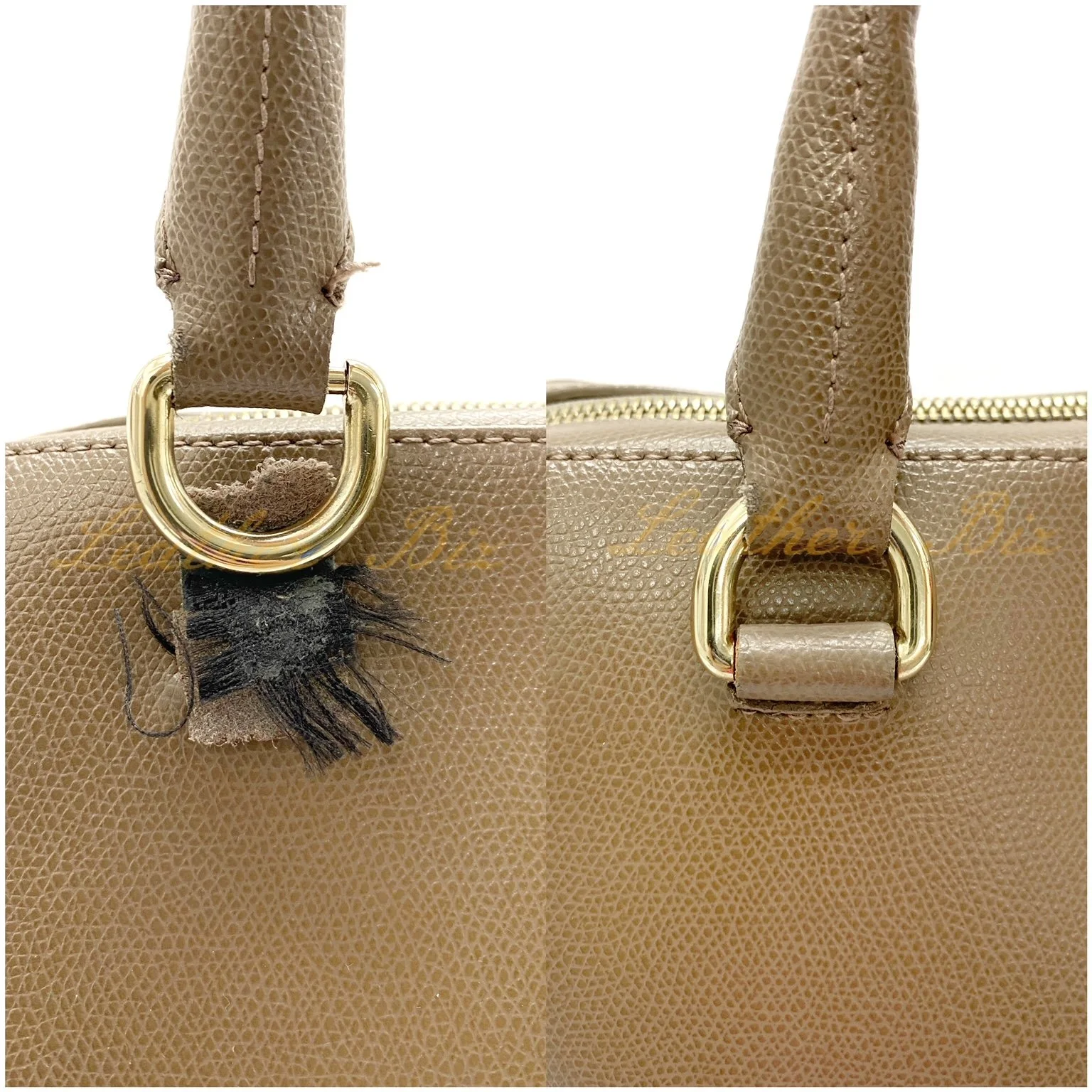 Handbag with torn handle base restored by professional leather restorer team at Leather Biz studio in Kuala Lumpur, Malaysia