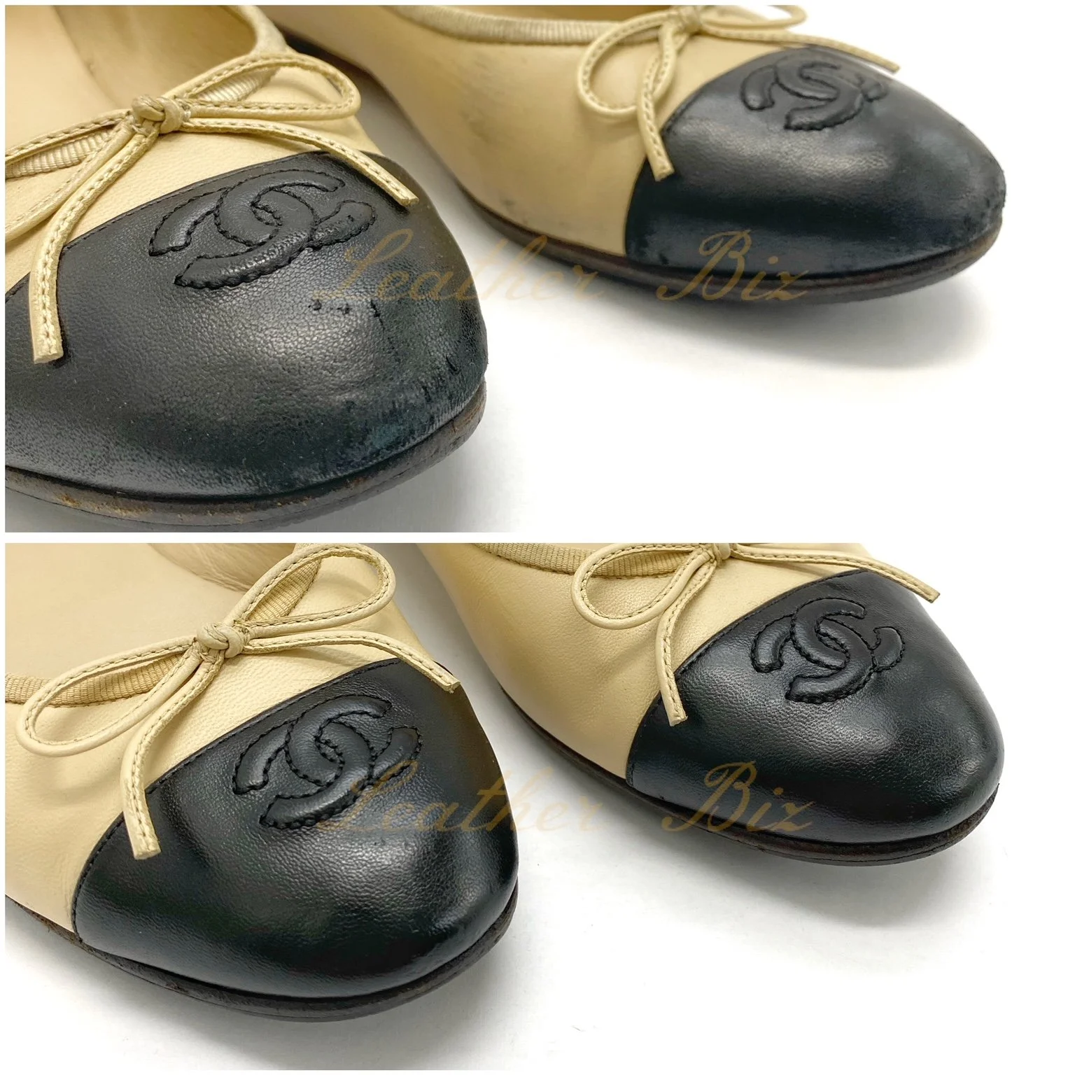 Chanel Ballet Flats with toe cap scuffing (wear and tear) restored by professional leather restorer team at Leather Biz studio in Kuala Lumpur, Malaysia