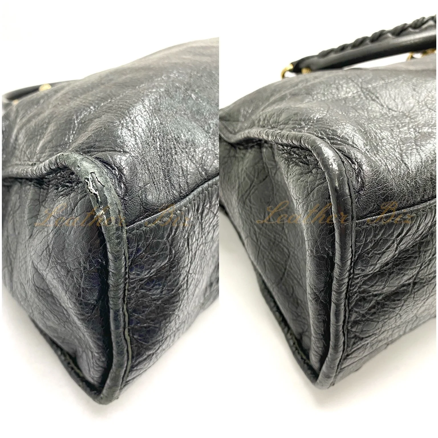 Balenciaga City handbag with corner scuffs restored by professional leather restorer team at Leather Biz studio in Kuala Lumpur, Malaysia