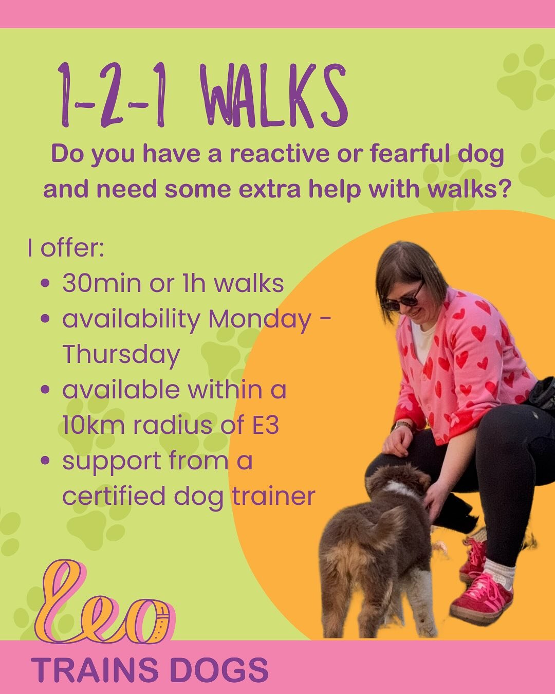 Does your dog bark and lunge or are they fearful on walks? Do they just not enjoy group walks and you prefer for them to have the undivided attention of a professional? 
Book them in for a 1-2-1 walk with me for worry free walks and professional guid