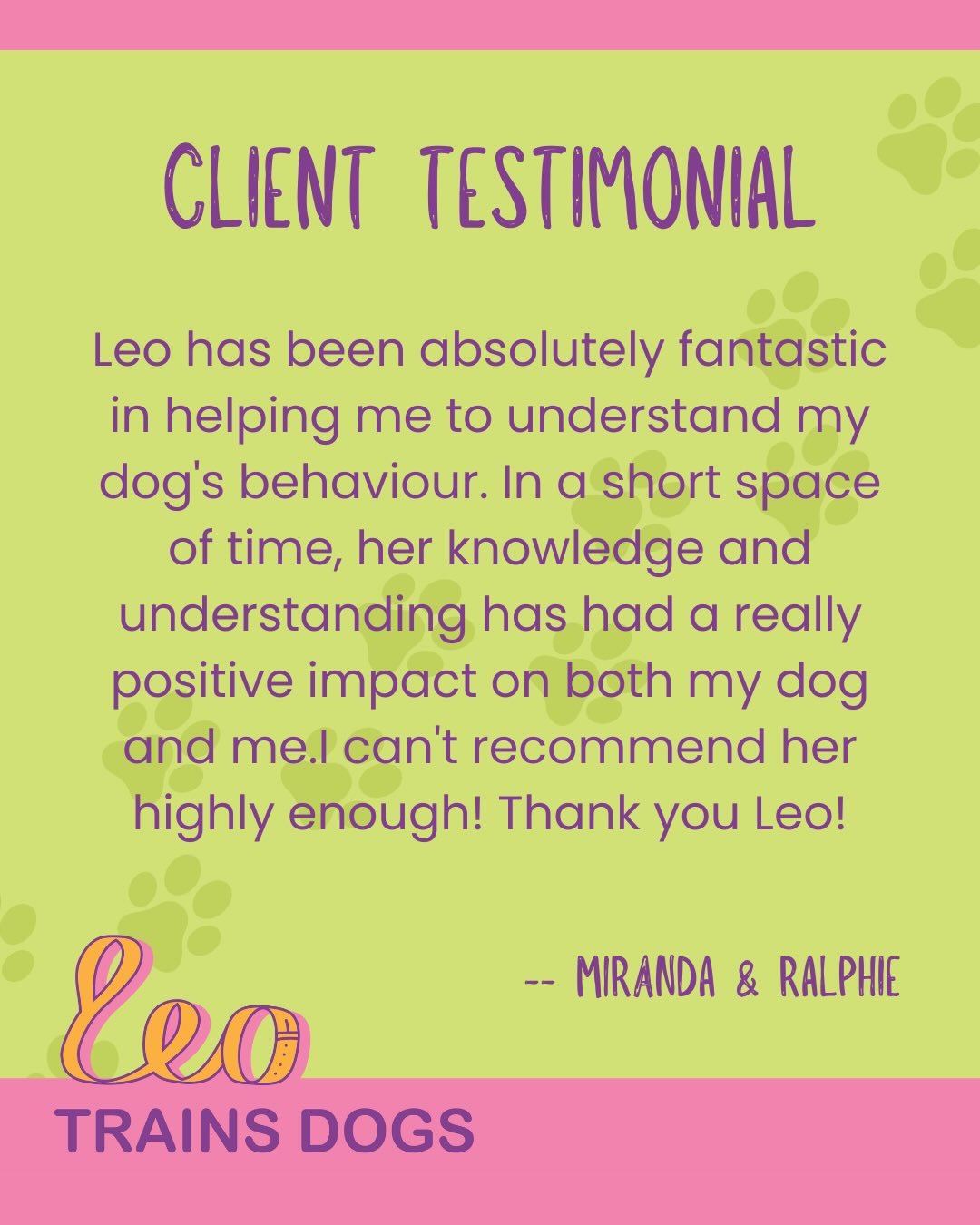 Thank you Miranda for the lovely review 🥰

If you want to understand your dog&rsquo;s behaviour better give me a shout.
☎️ 07967398693 
🖥️ leotrainsdogs.co.uk
📧 info@leotrainsdogs.co.uk
All linked in bio.