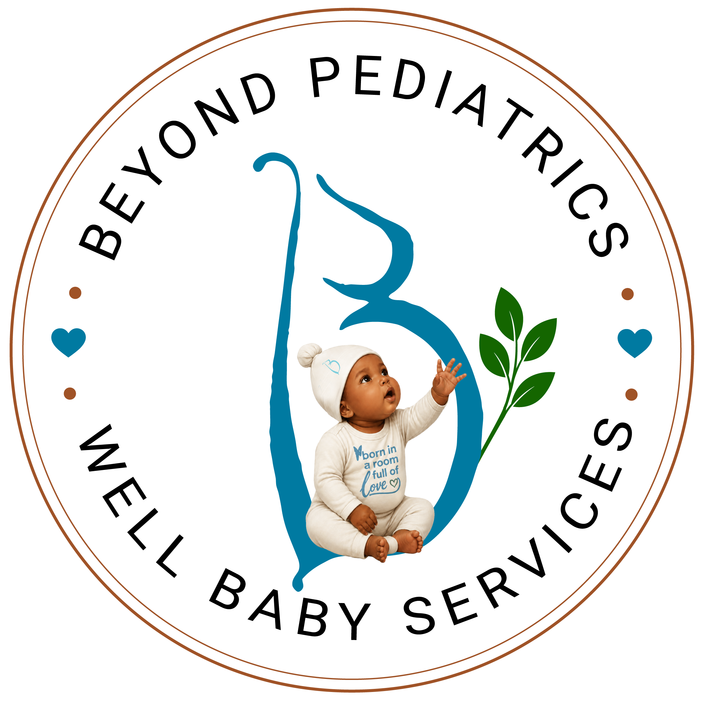 Illustration of a lightbulb with a baby sitting inside, wearing a hat that says 'Born in a room full of love' and reaching upward, surrounded by small hearts, greenery, and a rainbow.