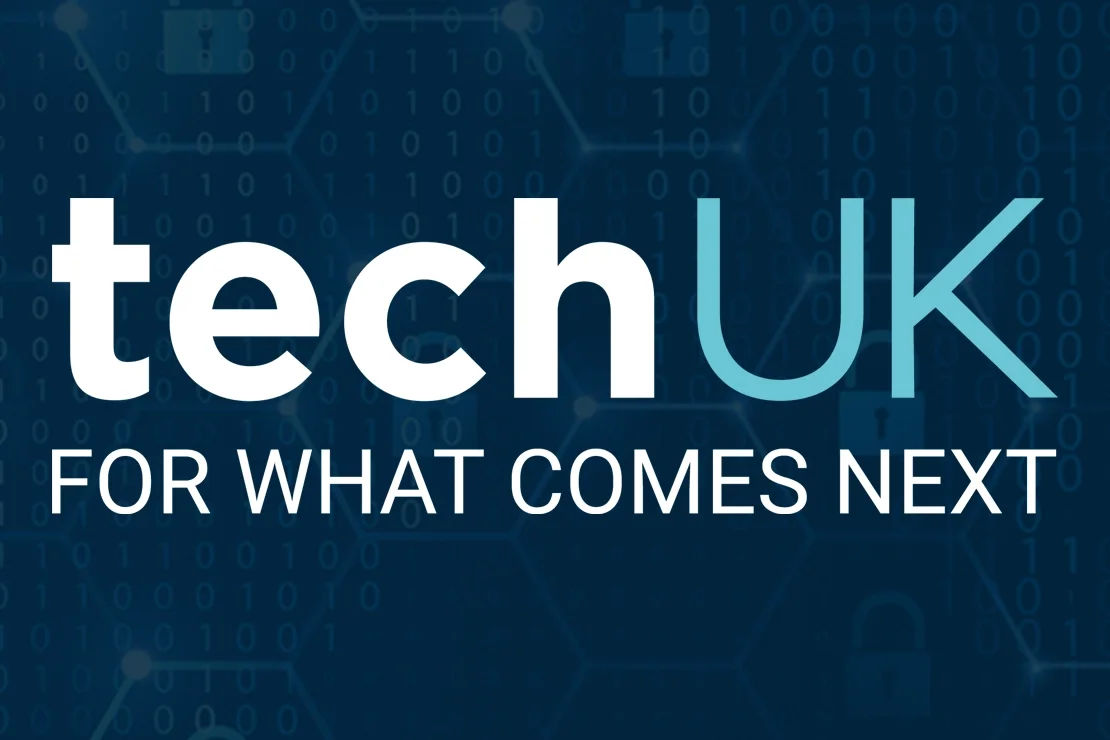 Logo for techUK with the slogan 'For What Comes Next' on a digital background with binary code and lock icons.