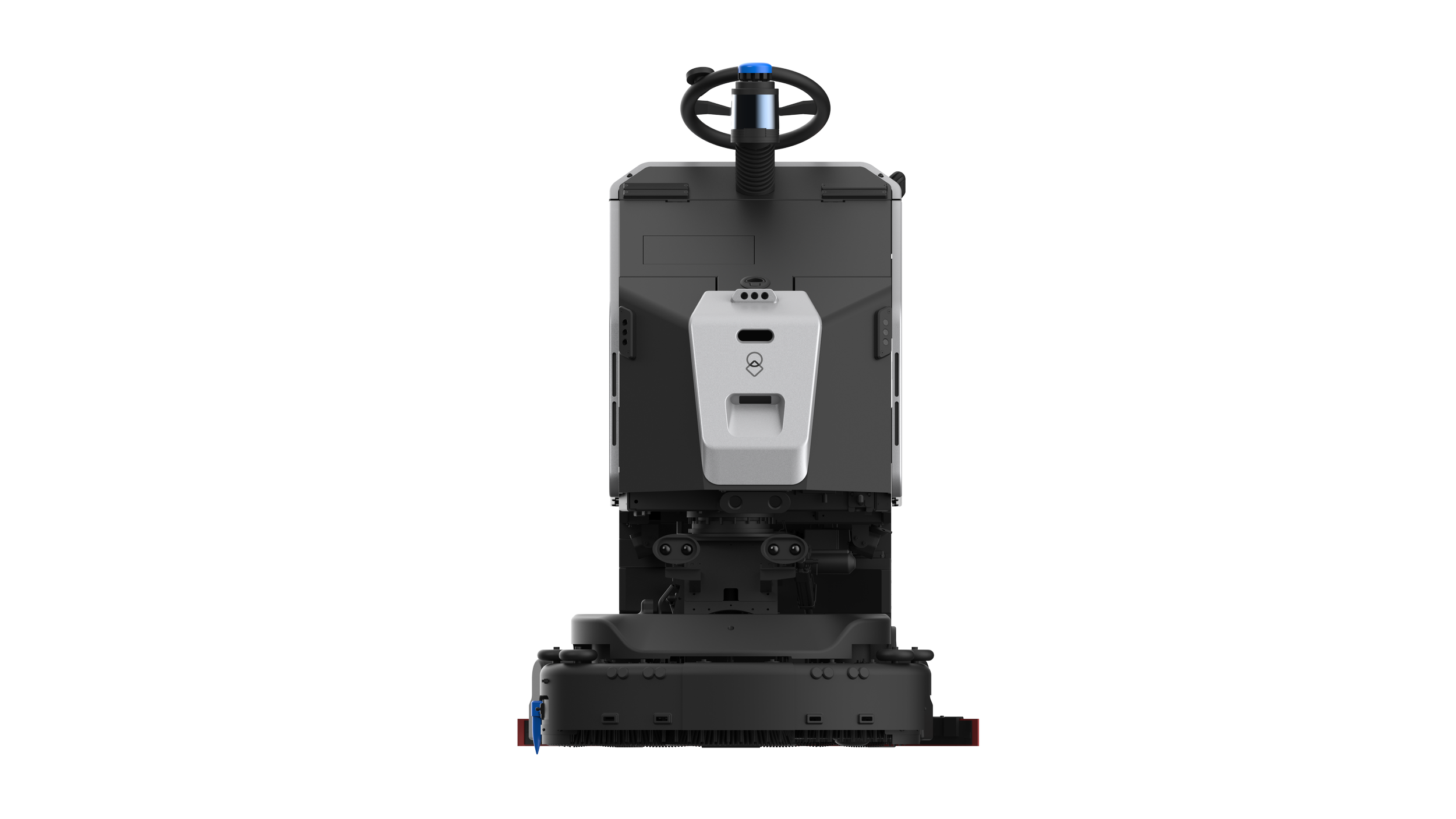 Robot autonome avec un dessus noir, une partie centrale blanche, et des capteurs en bas, vu de face.