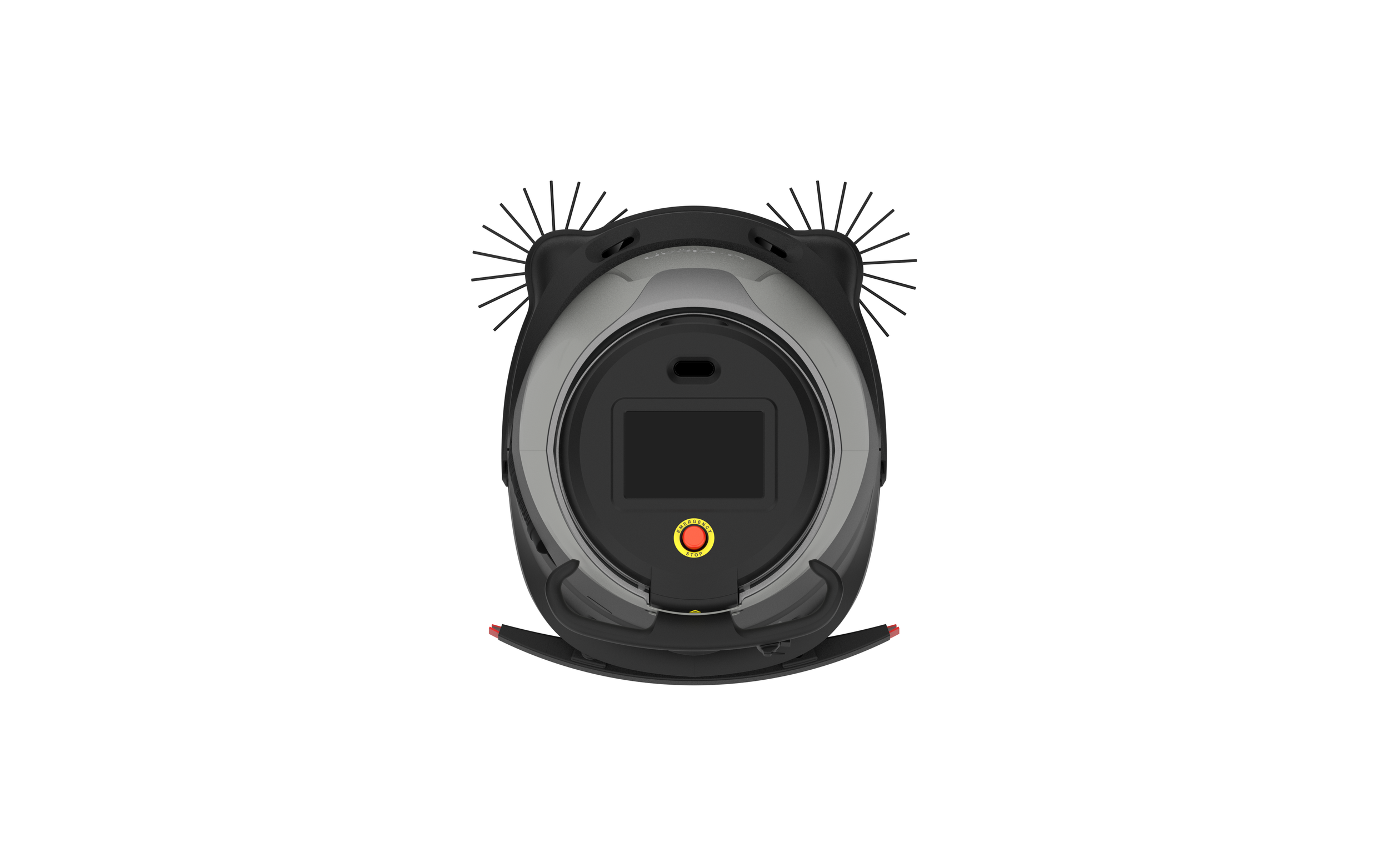 Robot aspirateur avec capteurs et panneau de contrôle au centre, vue de face.