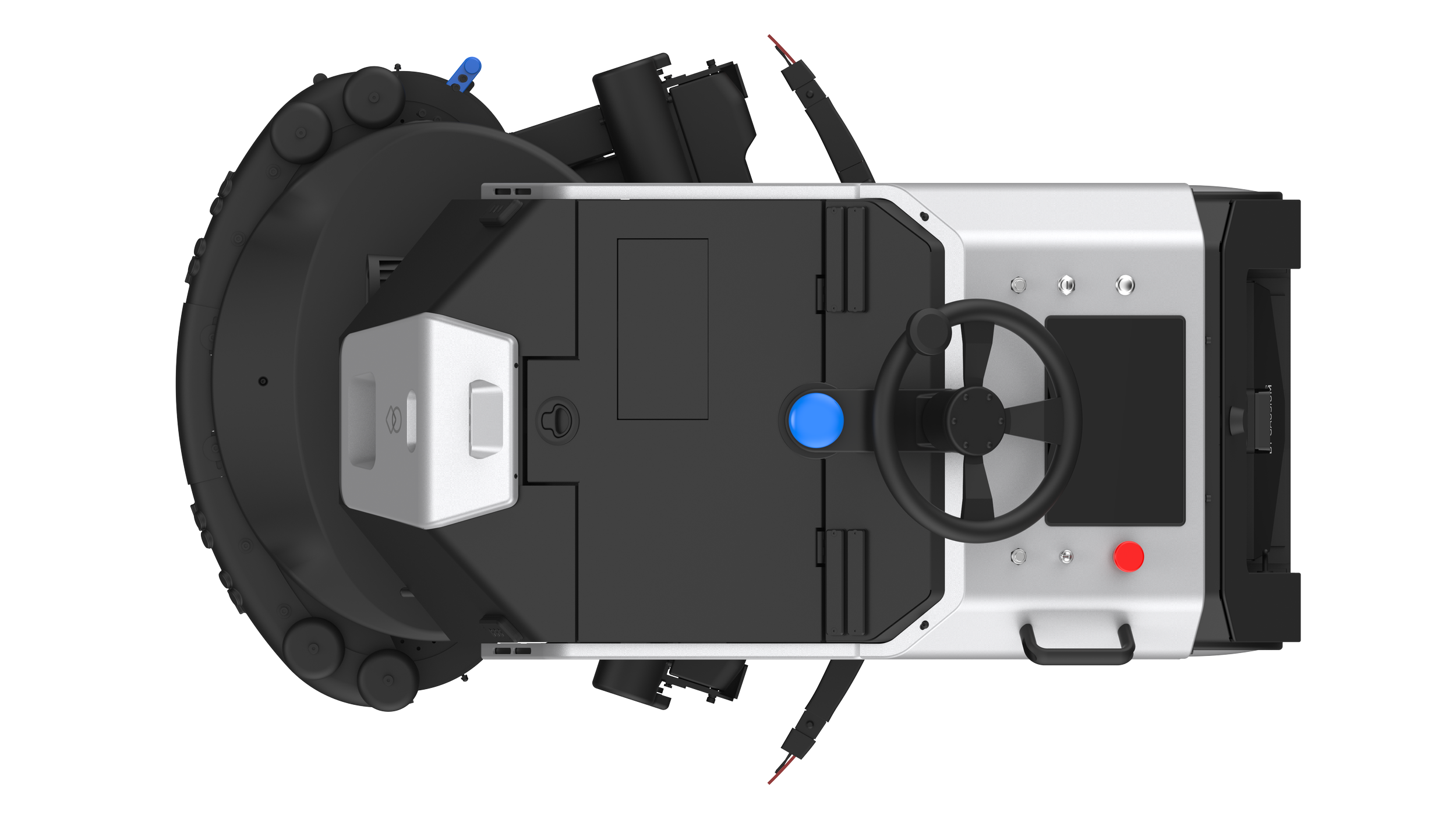 Robot téléguidé avec capteur, commandes à droite et une lunette en haut, vue de dessus.