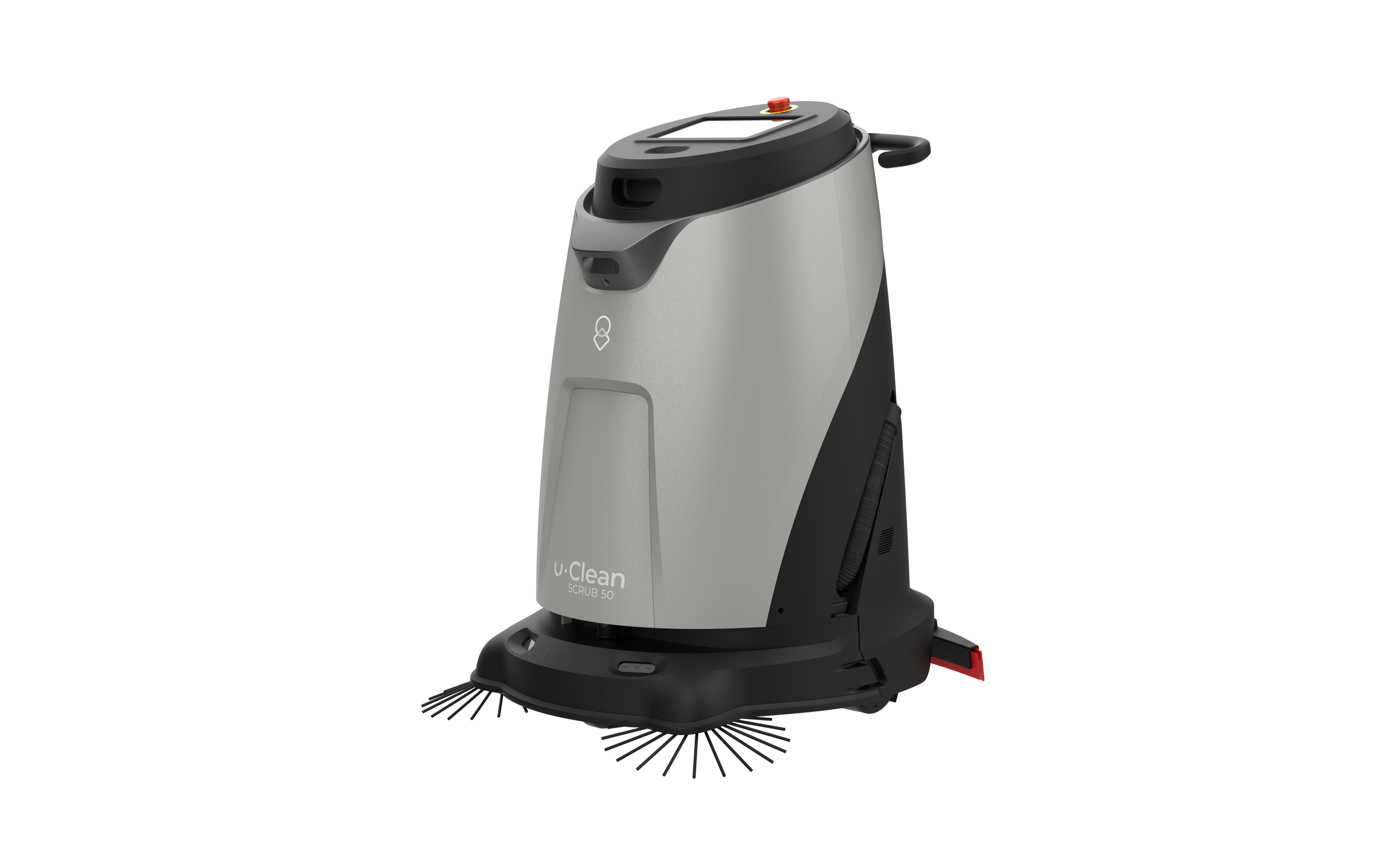 Robot nettoyeur de sol avec brosses rotatives en dessous, couleur grise et noire.
