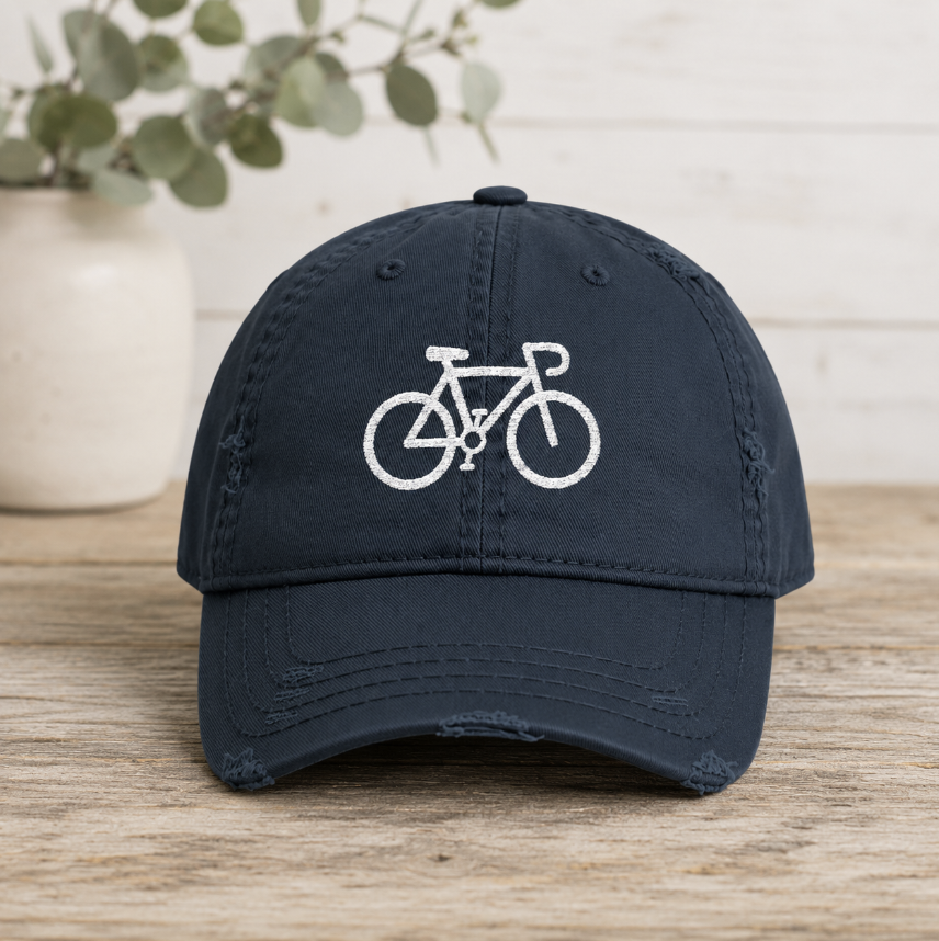 Distressed Hat with Bicycle Embroidery
