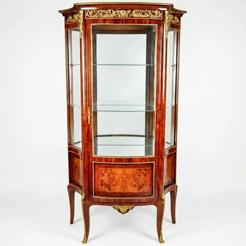 Early 20th Century French Sand Burl Wood Mirrored Hutch Cabinet Display Vitrine