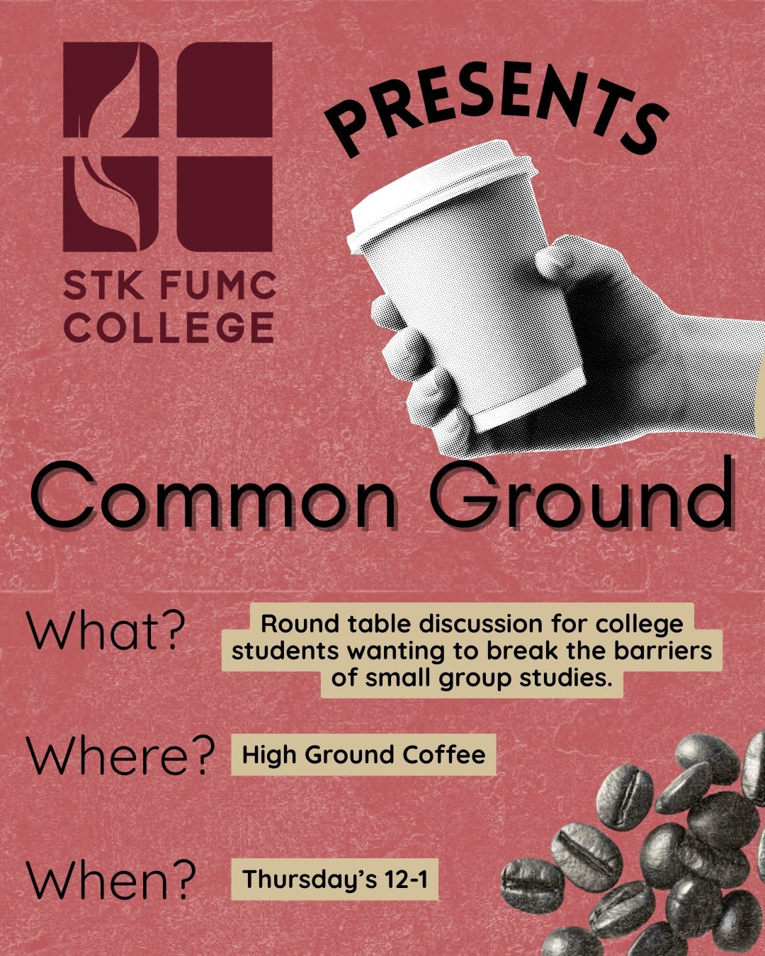SFUMC college ministries officially presents Common Ground! This is a brand new opportunity for SFUMC college students. We are so excited to get this program running and can&rsquo;t wait to get started. 

First meeting time will be 3/19!