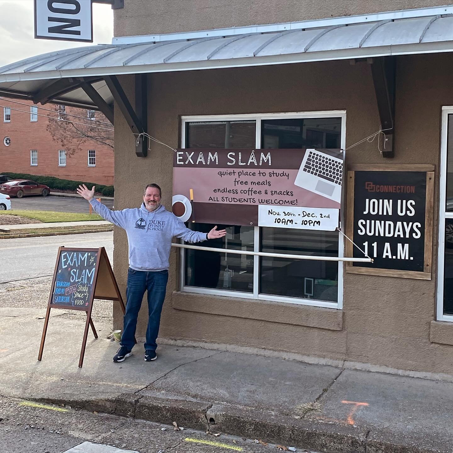 Exam Slam is open!  This is your place to study. 10 a- 10 p. Supper at 6 pm each night. 101 W. Lampkin St.