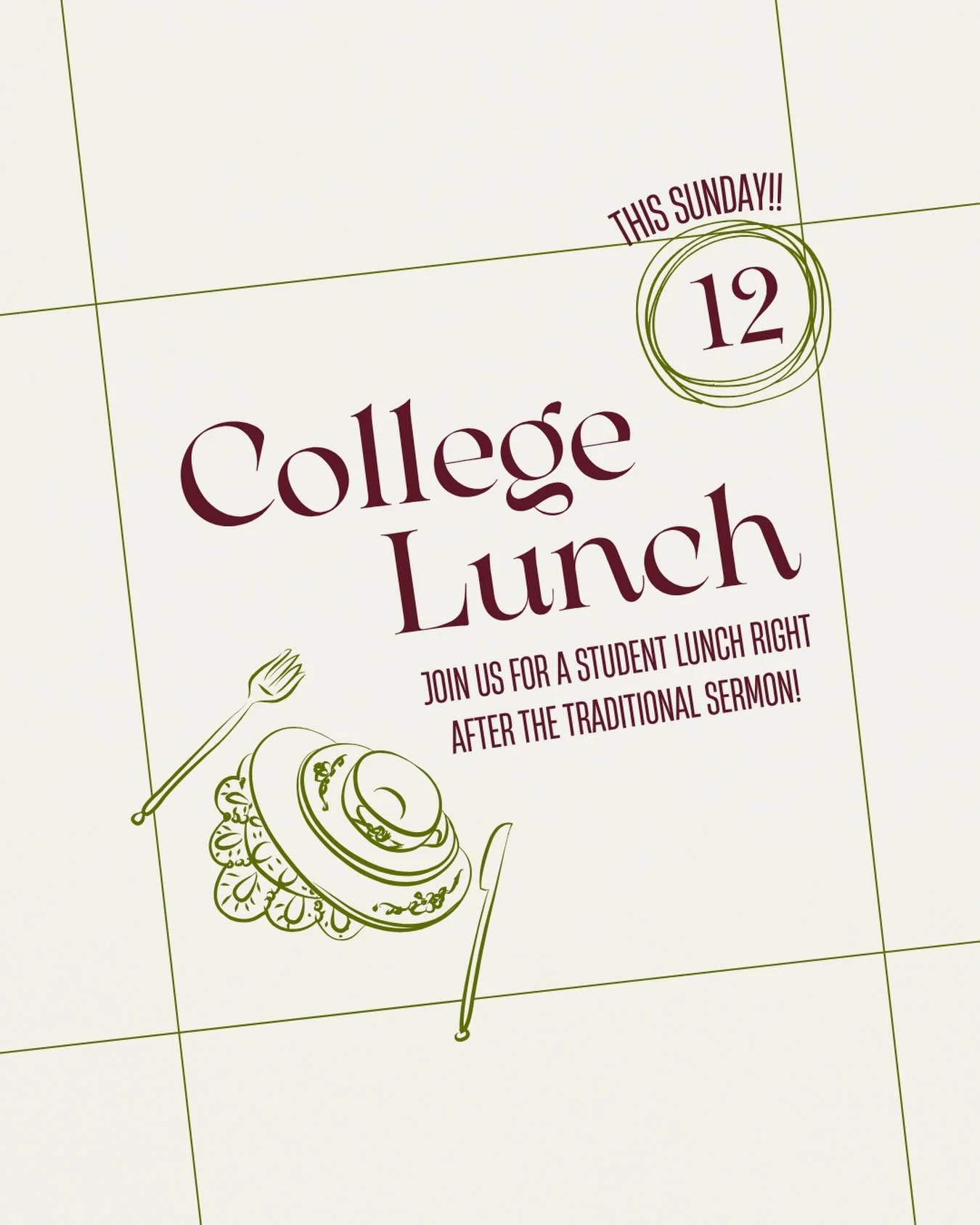 College students&mdash;join us for lunch this Sunday after the 10:00 Traditional service. Meet Madeline on the front steps after service and we&rsquo;ll walk downtown together for a meal provided by the church. Come hang out and enjoy some good food 