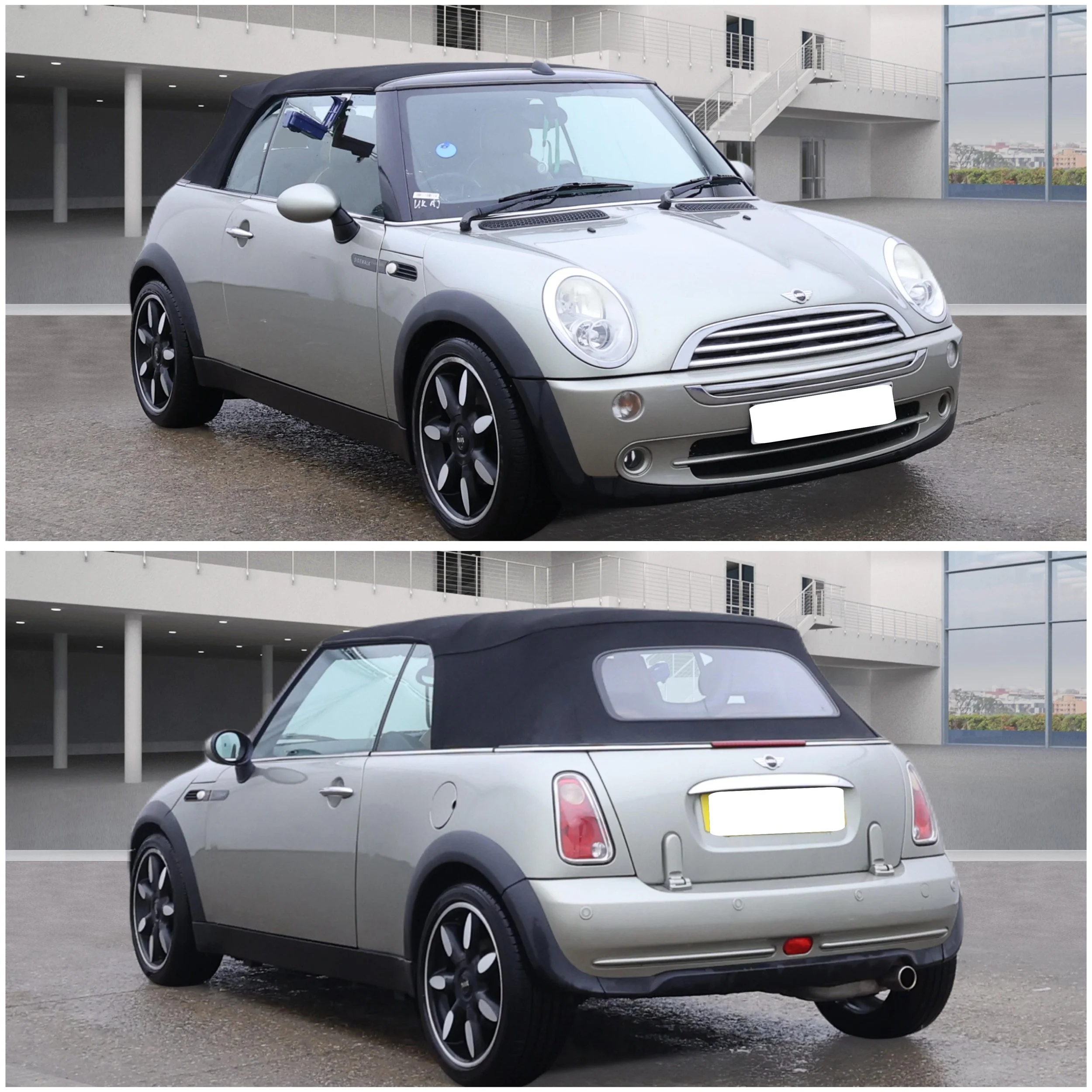 Front and rear views of a white Mini Cooper with black roof and black racing stripes in a parking garage.