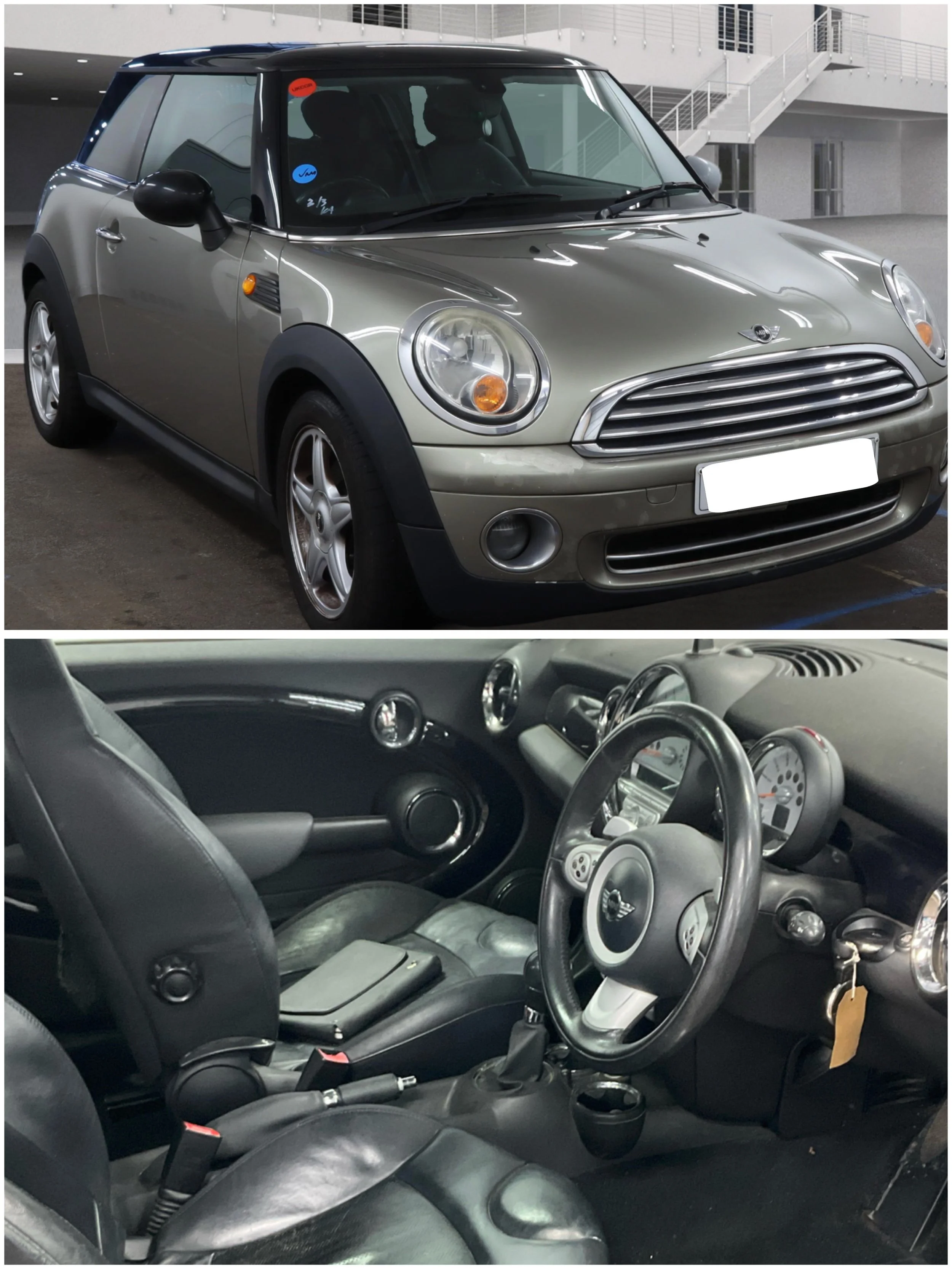 Front and rear views of a white Mini Cooper with black roof and black racing stripes in a parking garage.