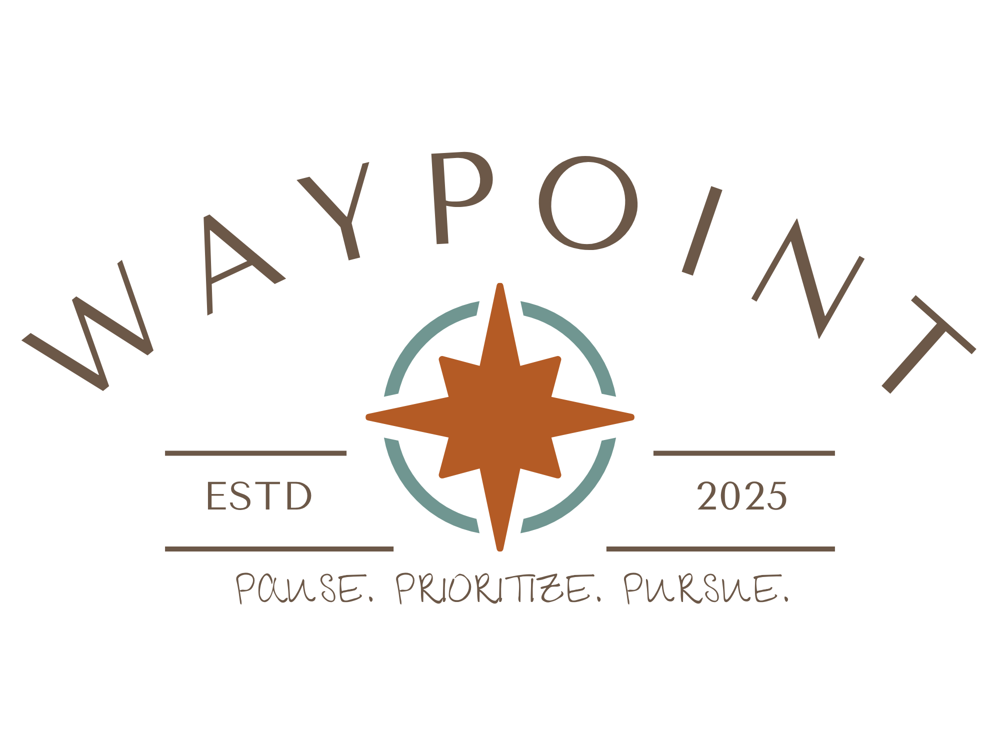 A logo with a star and compass design, featuring the words 'WAYPOINT' arched above, 'ESTD 2025' on either side, and 'PAUSE. PRIORITIZE. PURSUE.' at the bottom.