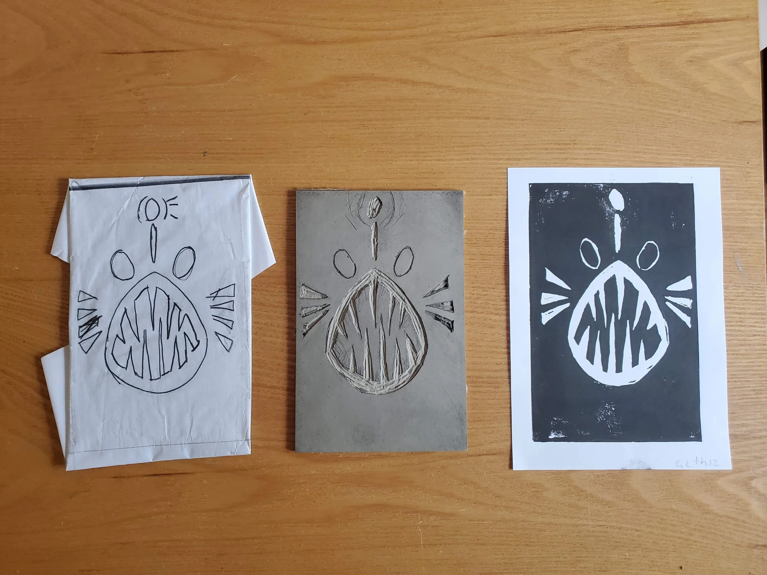 Lanternfish sketch, carved block, and print