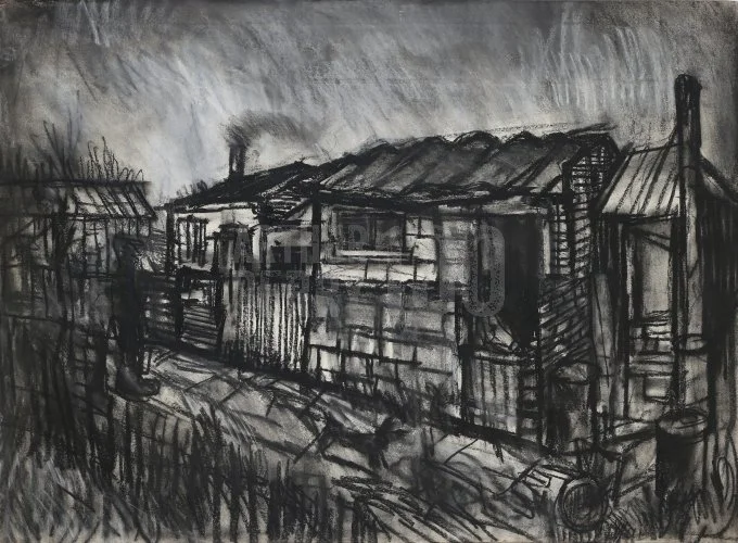 Allotment Sheds, Mixed Media 30 x 22 inch