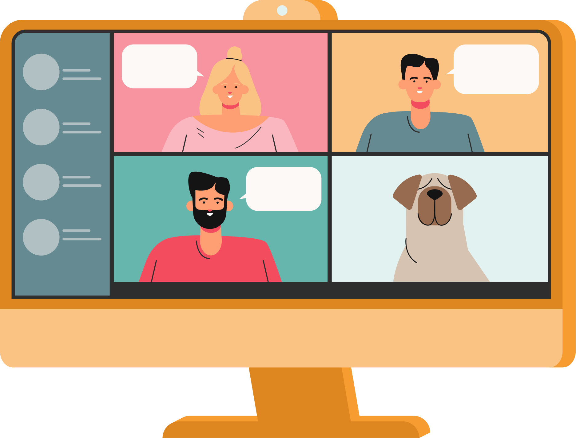 Ett illustrationsfoto av en videokonferens med fyra deltagare, inklusive tre människor och en hund, på en datorskärm.