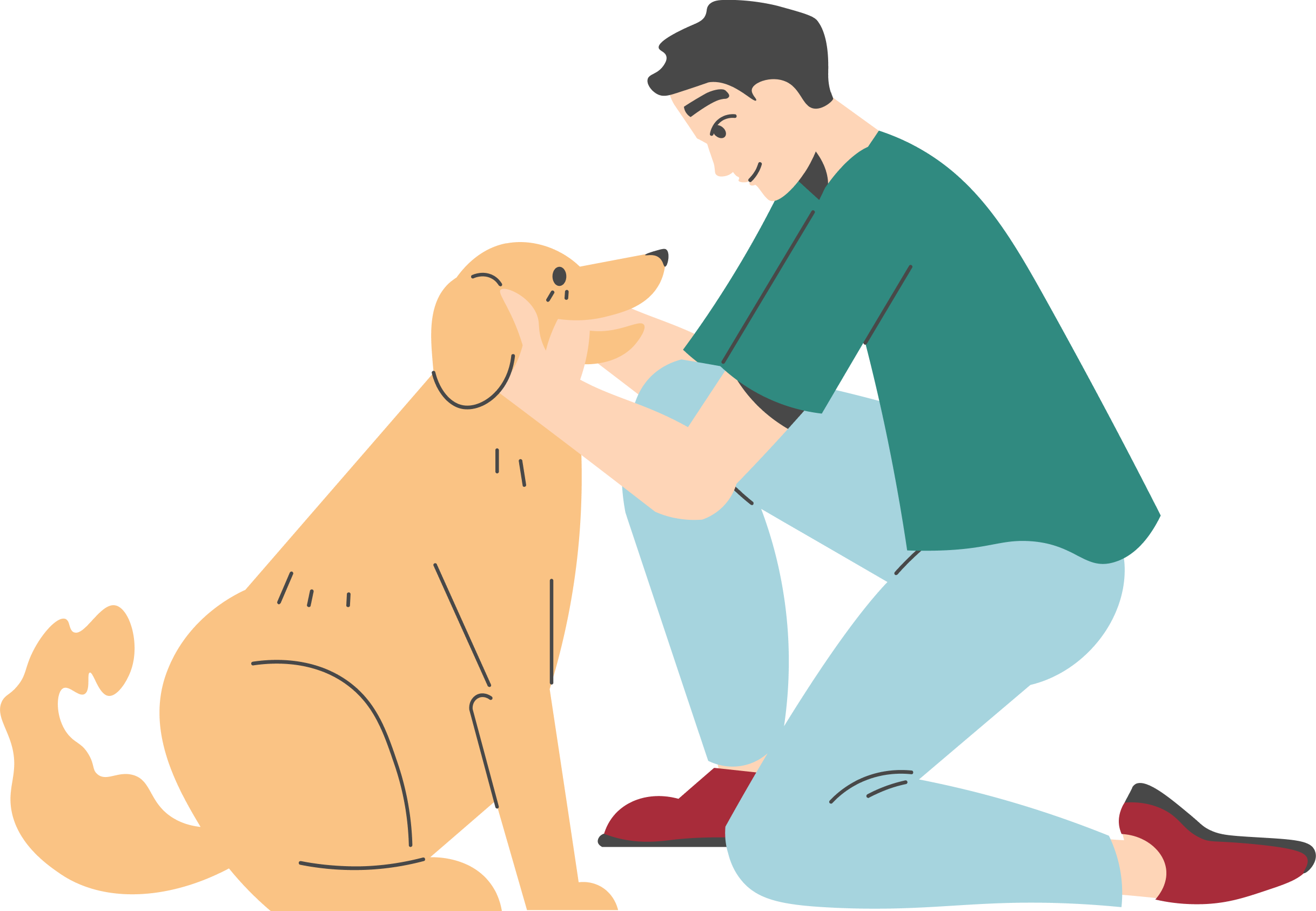 En person som leker med en gul hund, båda är i en inomhusmiljö.