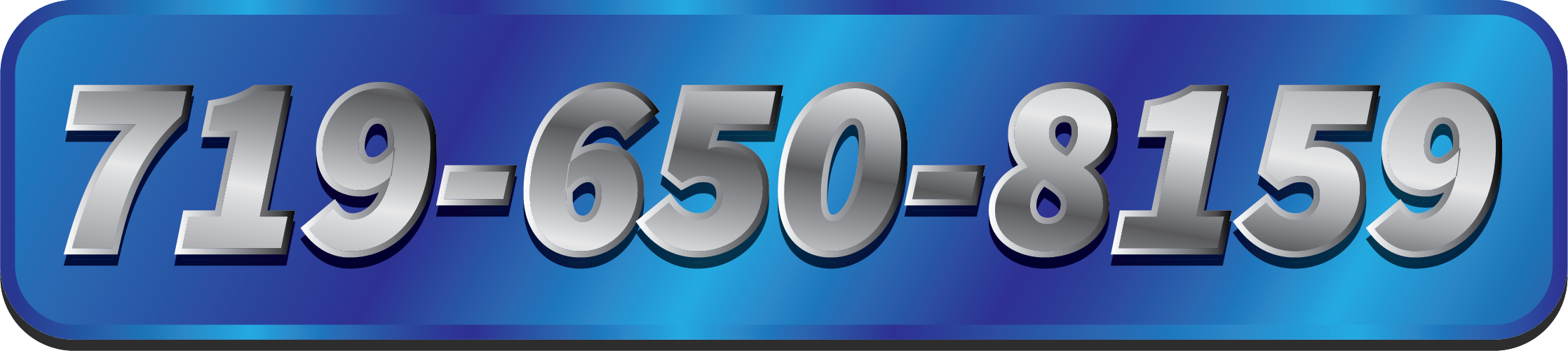 Blue rectangular button with a phone number in large metallic font