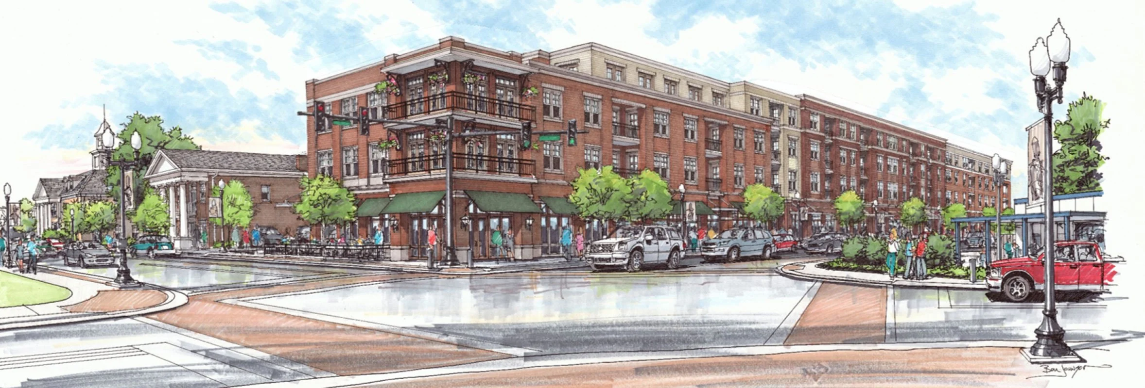 Illustration of a city street with a four-story brick building at an intersection, surrounded by trees, people, and cars. The building has green awnings and balconies. A vintage red truck is parked nearby.