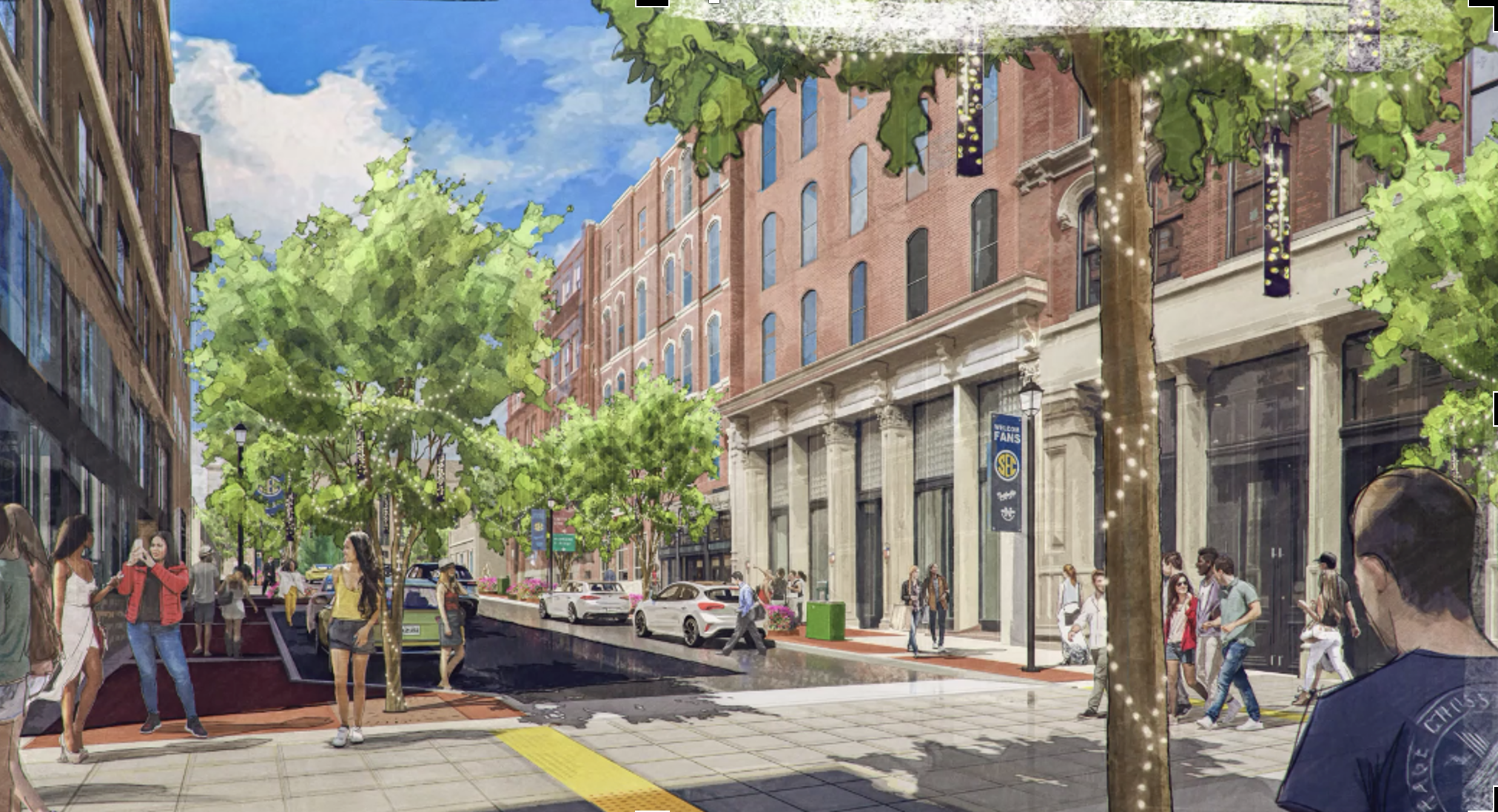 Illustration of an urban street with pedestrians, trees, cars, and historic buildings.