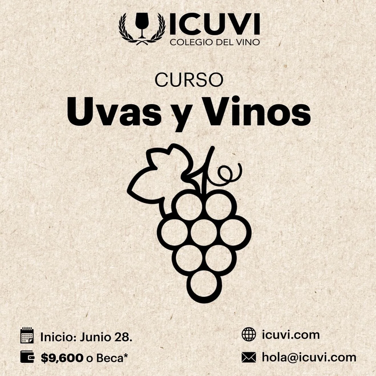 Conoce las uvas m&aacute;s populares del mundo, sus mezclas cl&aacute;sicas y sus vinos 🍇🍷

📌 Incluye:
&rarr; 34 vinos a catar.
&rarr; Maridaje.
&rarr; Material.
&rarr; 8 clases.
&rarr; Certificado.
📌 Informes:
&rarr; icuvi.com
📌 Inscripciones:
