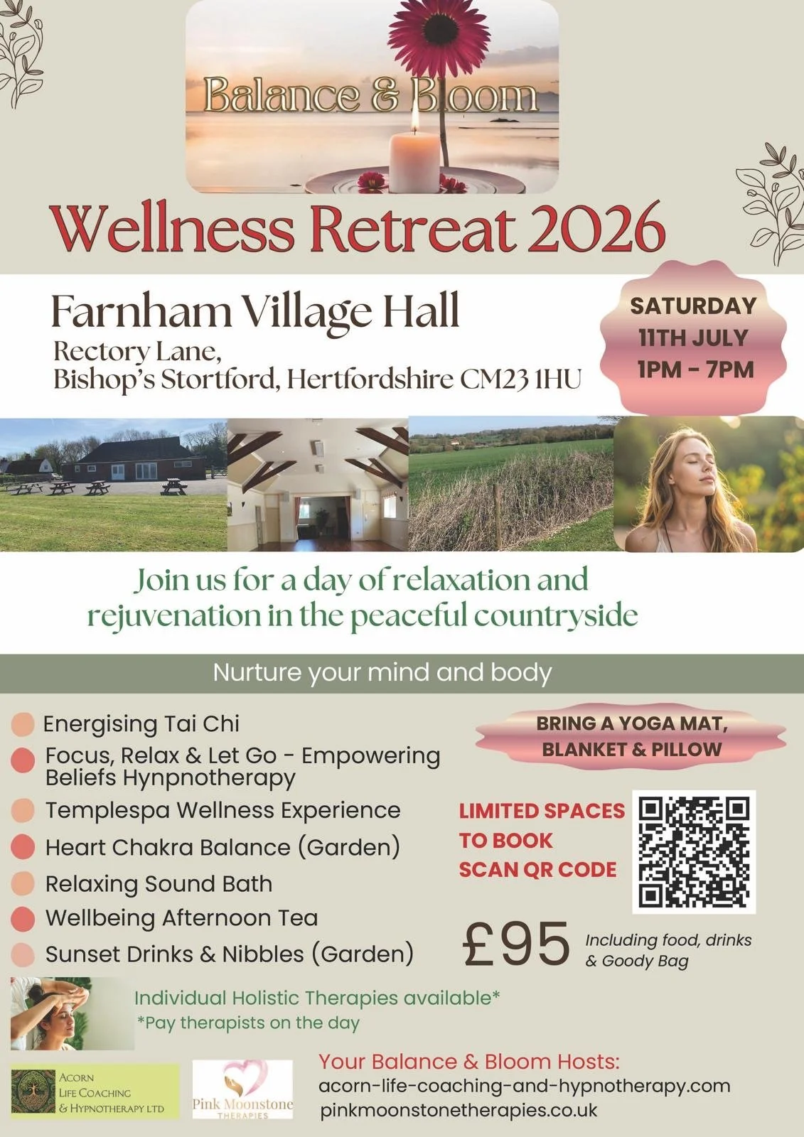Flyer for the Hertfordshire Wellness Day Retreat on 11th July 2026, listing activities including Tai Chi, hypnotherapy, sound baths, heart chakra balancing, afternoon tea, and sunset drinks at the venue