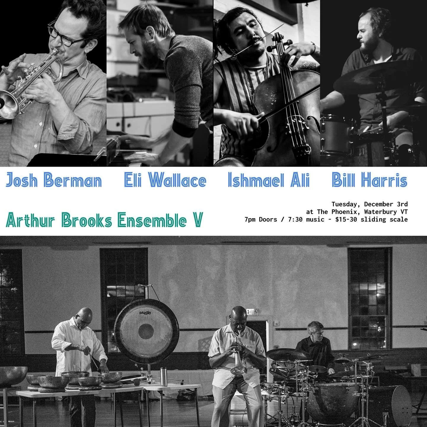 TURNmusic &amp; Greg Davis presents: 
Josh Berman / Eli Wallace / Ishmael Ali / Bill Harris
+
Arthur Brooks Ensemble V

Live at the Phoenix Gallery, Waterbury VT
Tuesday, December 3rd
7pm doors / 7:30 music
$15-30 sliding scale

The improvising quart