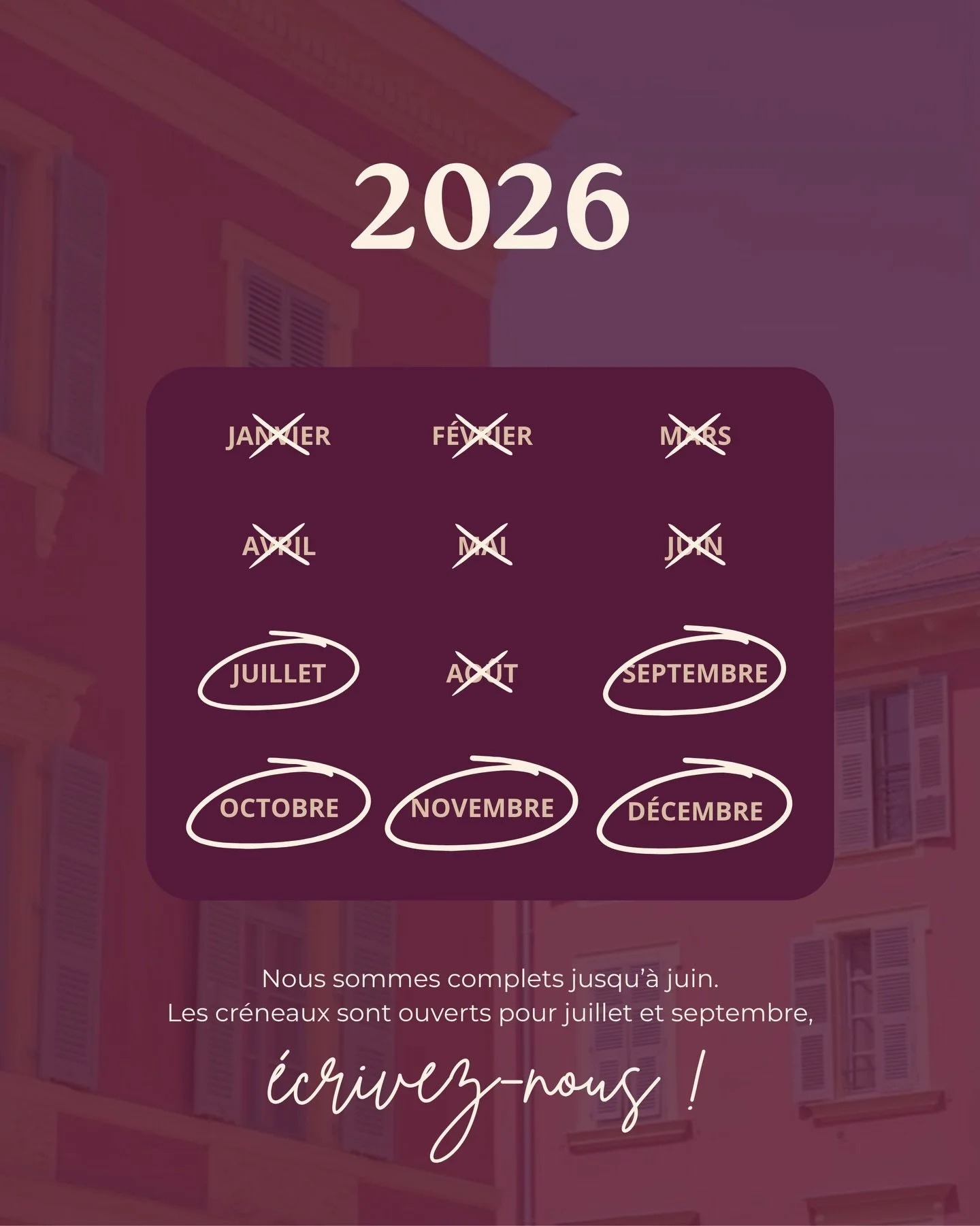 Nous sommes complets jusqu&rsquo;&agrave; juin ! 

Prochaines dispos &agrave; noter dans votre calendrier : juillet et septembre ✍️

&Eacute;crivez-nous, nous serons ravies de discuter de votre projet !