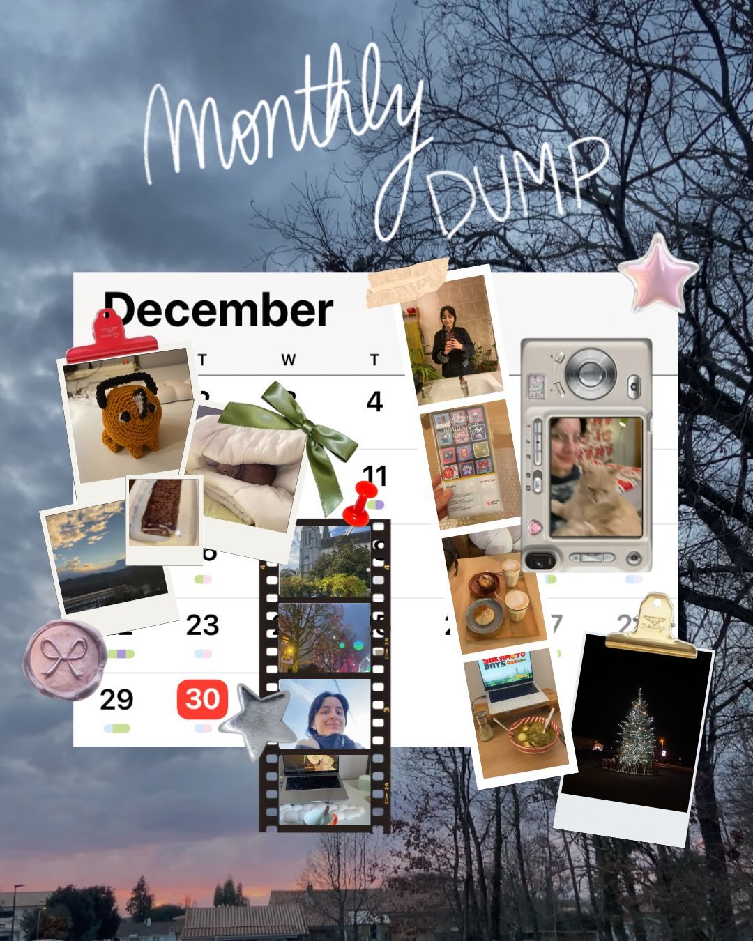 MONTHLY DUMP 📷

1. Sakamoto Days avec mon plat pref du moment 🍜
2. mon nouveau planner 2026 (de r&ecirc;ve) ✨
3. march&eacute; de No&euml;l &agrave; Pau, w/ friends 🫶🏻
4. walk walk walk
5. Pau ⛰💛
6. petit plaisir en solo
7. la star 🌟
8. marche 