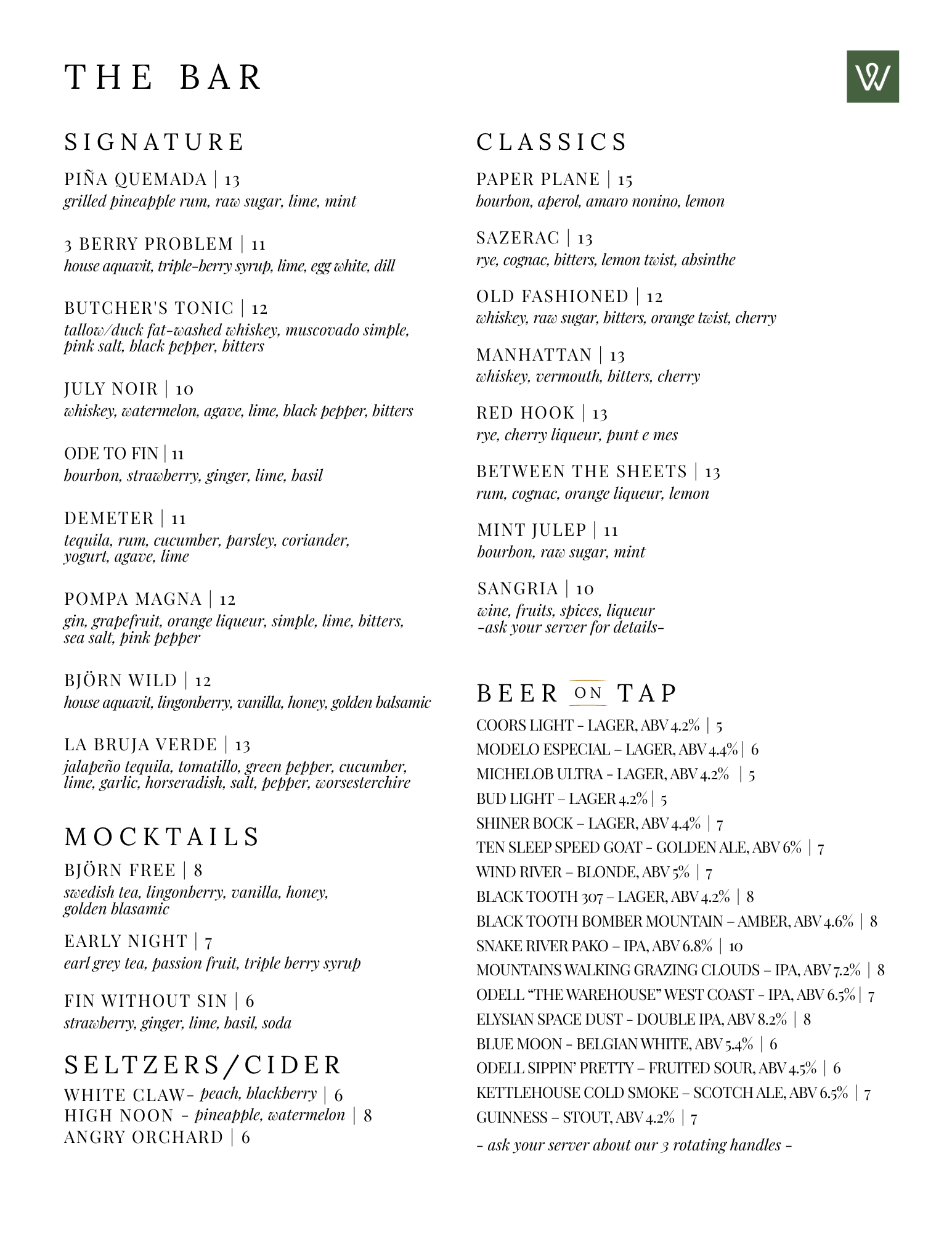 the warehouse bar menu