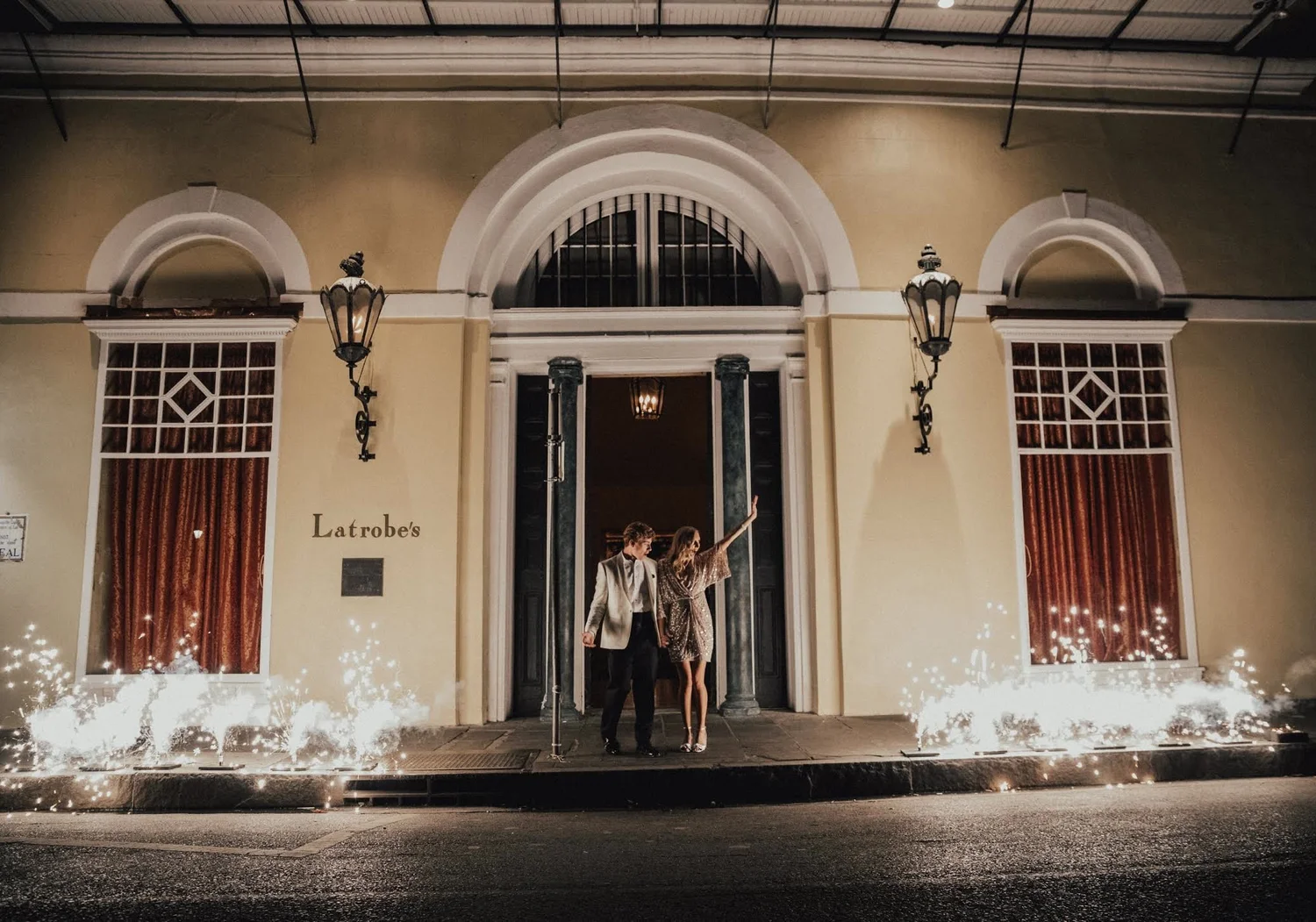 Latrobe's on Royal event space with fireworks display over a New Orleans wedding reception