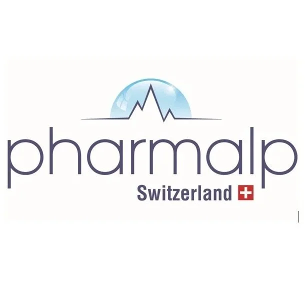 Pharmalp logo with a mountain and globe graphic and the text 'Switzerland' with a Swiss flag.