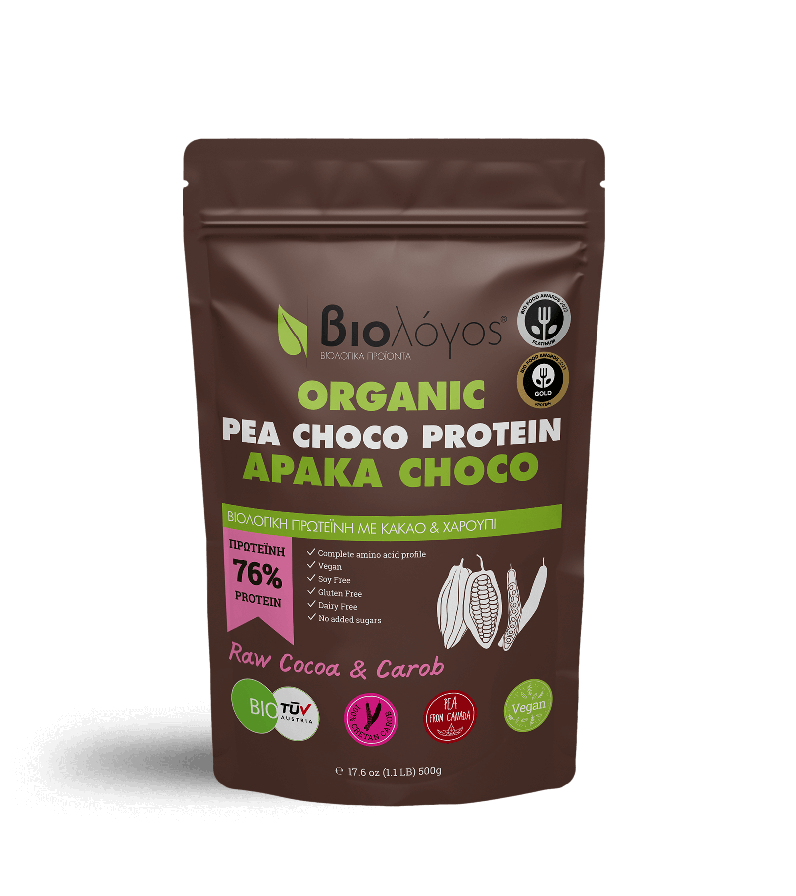 Package of Bio Lycos organic Pea Choco Protein with cocoa and hazelnut, featuring labels indicating 76% protein, vegan, soy-free, gluten-free, dairy-free, no added sugars, and certifications for organic, vegan, and gluten-free.