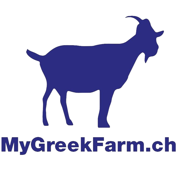Blue silhouette of a goat with the text "MyGreekFarm.ch" below it.